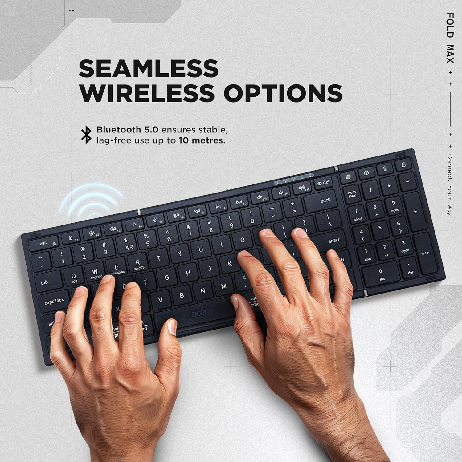 acer Fold Max | 99 Keys Full-Size Foldable Bluetooth Keyboard | BT 5.0 | Rechargeable 180mAh Battery | USB-C Fast Charging | 51H Use | Portable ABS Build | Black | Windows/Mac/Android Compatible - Image 3