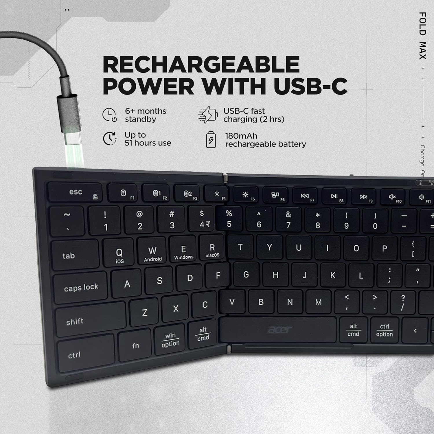 acer Fold Max | 99 Keys Full-Size Foldable Bluetooth Keyboard | BT 5.0 | Rechargeable 180mAh Battery | USB-C Fast Charging | 51H Use | Portable ABS Build | Black | Windows/Mac/Android Compatible - Image 7