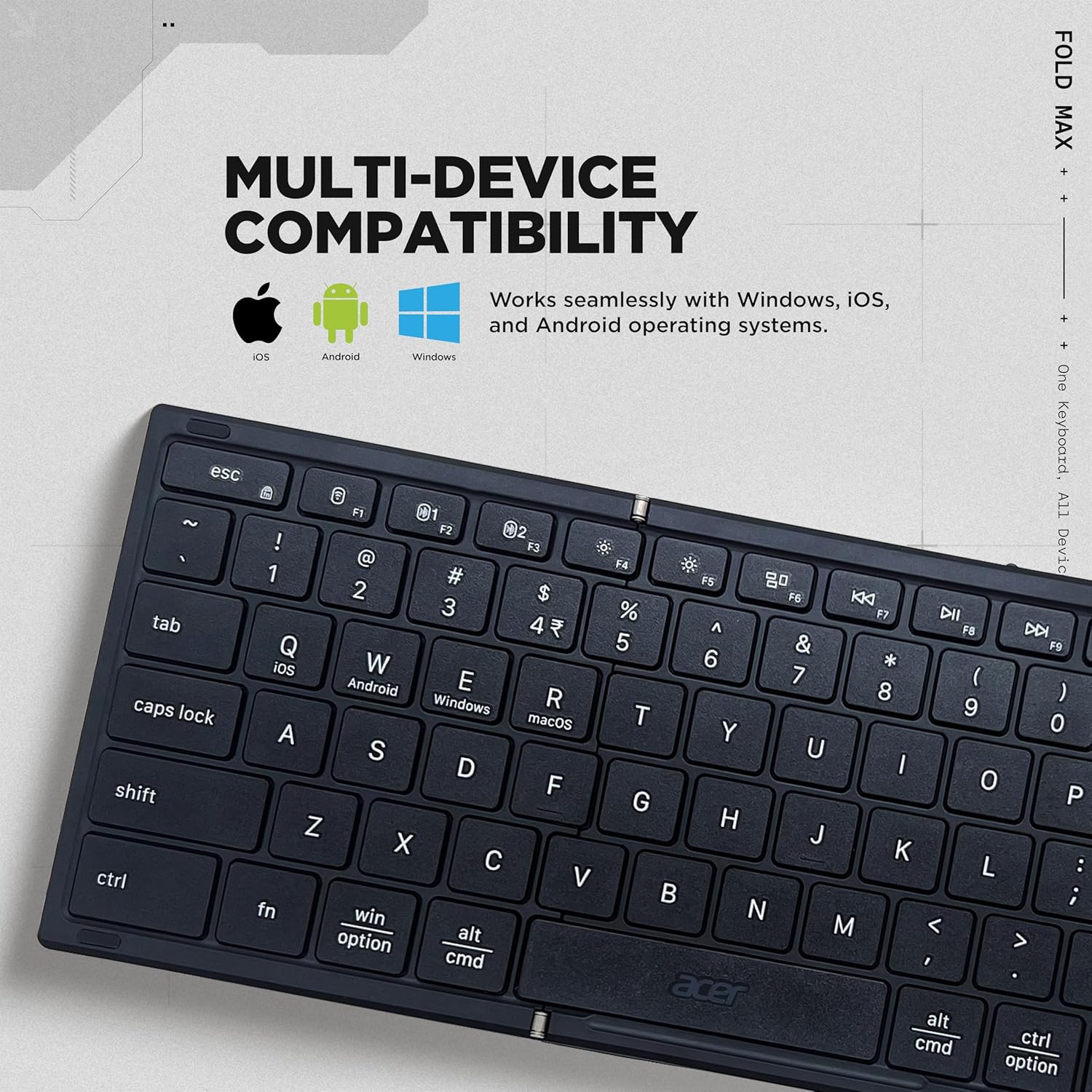 acer Fold Max | 99 Keys Full-Size Foldable Bluetooth Keyboard | BT 5.0 | Rechargeable 180mAh Battery | USB-C Fast Charging | 51H Use | Portable ABS Build | Black | Windows/Mac/Android Compatible - Image 8