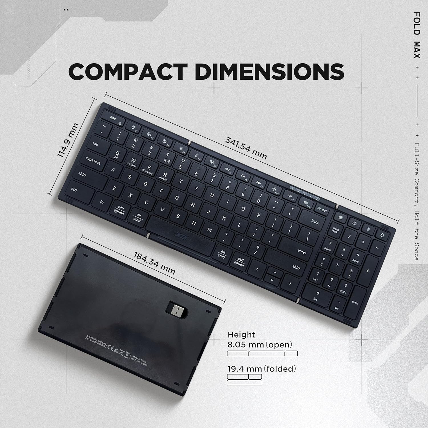 acer Fold Max | 99 Keys Full-Size Foldable Bluetooth Keyboard | BT 5.0 | Rechargeable 180mAh Battery | USB-C Fast Charging | 51H Use | Portable ABS Build | Black | Windows/Mac/Android Compatible - Image 9