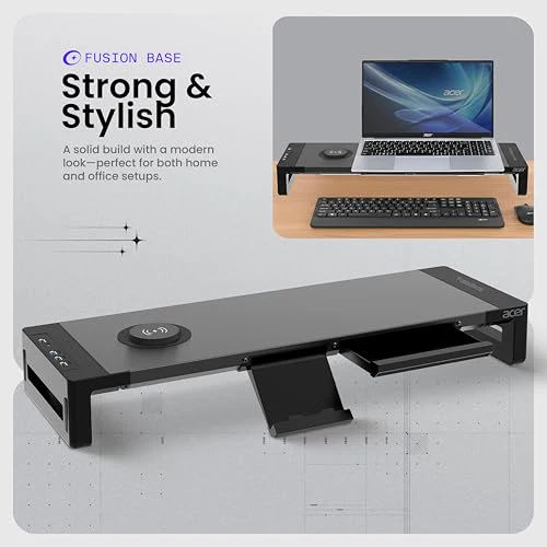 Acer FusionBase Monitor & Laptop Stand | Foldable ABS + Metal Build | USB Fast Charging 1x Type-C & 1x Type A + 3×Data Ports incl. USB 3.0 | 15W Wireless Charger | Mobile Phone Holder, Drawer | Black - Image 4