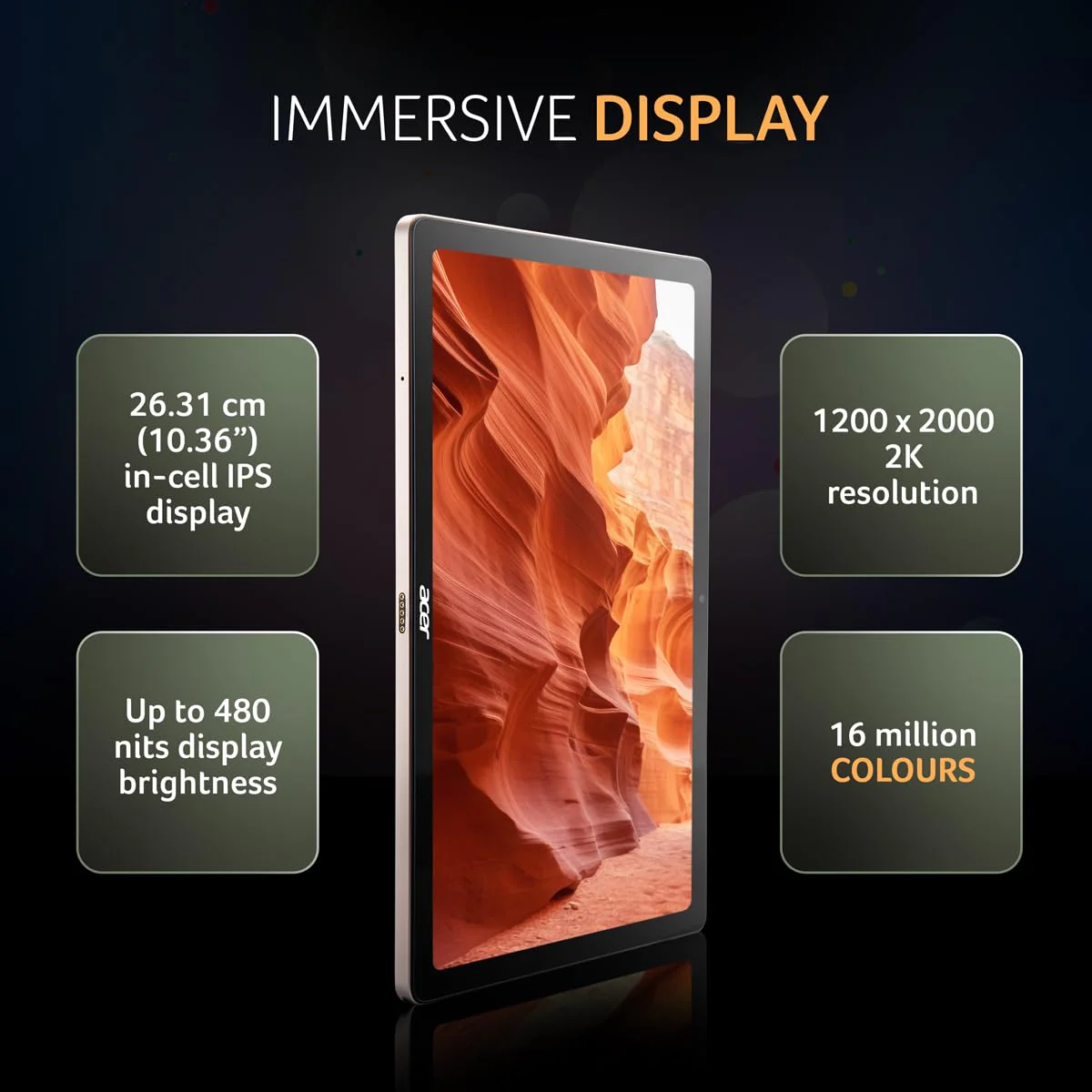 Acer Iconia Tab iM10-22 | 10.36" 2K IPS Display, Quad Speakers, 8GB RAM + 256GB Storage, 16MP Rear + 8MP Front Camera, Fingerprint Reader, Wi-Fi + 4G LTE(Calling), Android 14, Slim Metal Body, Gold - Image 6