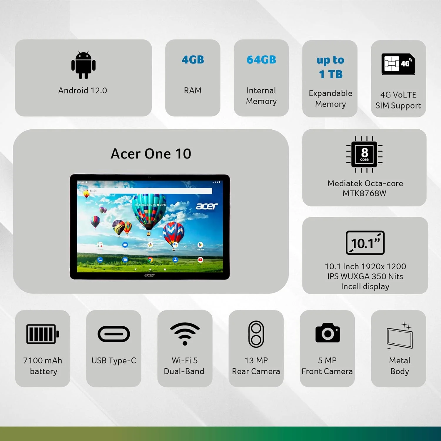 Acer One T9-1212L (25.65 cm) 10.1 Inch Tablet with 4GB RAM and 64GB ROM Expandable, Wi-Fi + 4G LTE(Calling) (Gray) - Image 3