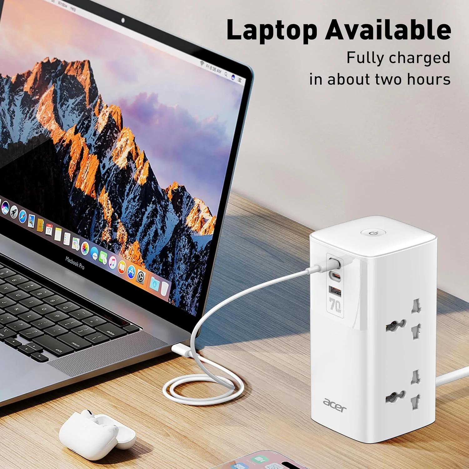 Acer PowerHub Tower | AC Socket + 4 USB Ports (2 Type-C PD + 2 Type-A) | 70W Fast Charging, 2500W Output | Desktop Power Adapter | Surge Protection | Travel Ready | Overload Protection - Image 2