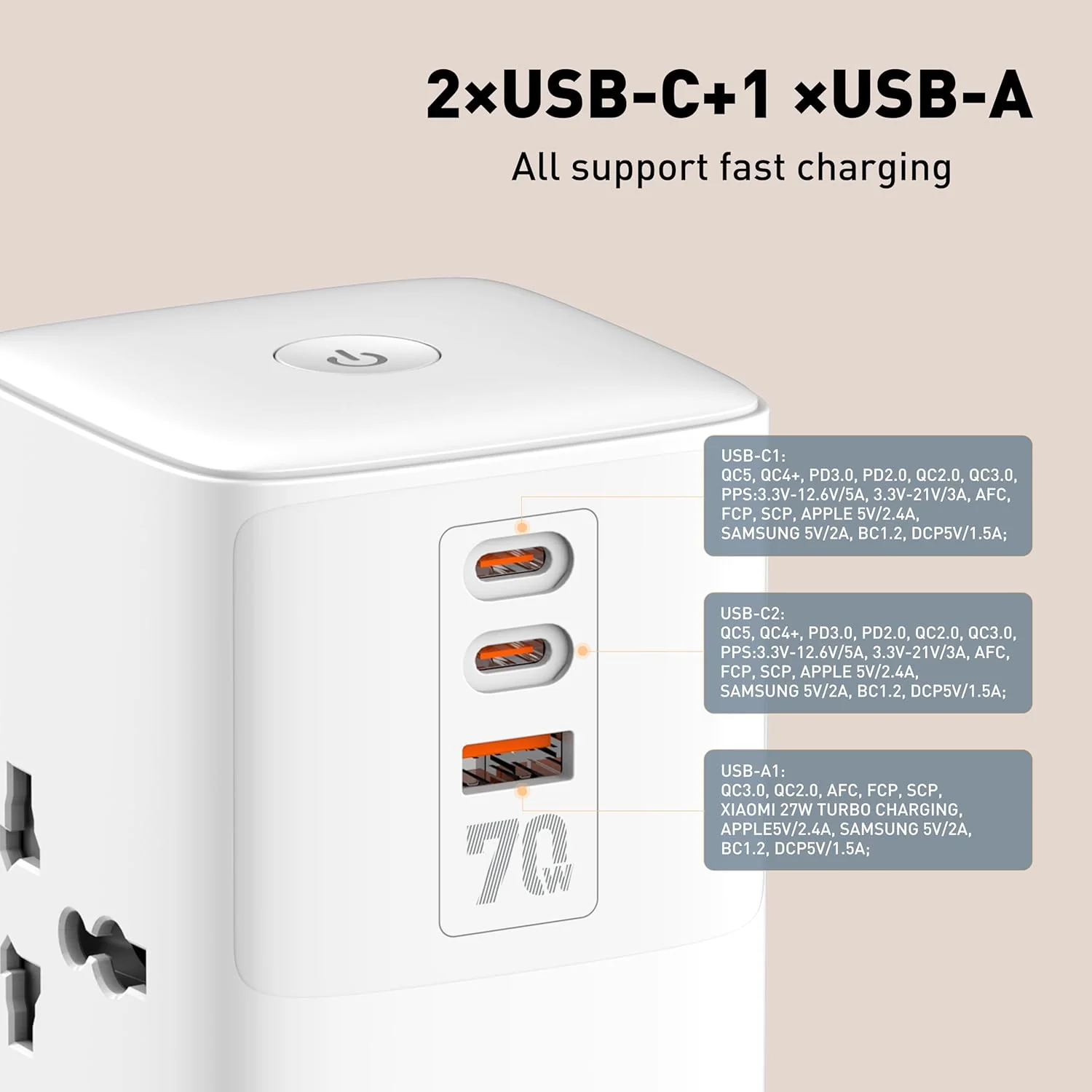 Acer PowerHub Tower | AC Socket + 4 USB Ports (2 Type-C PD + 2 Type-A) | 70W Fast Charging, 2500W Output | Desktop Power Adapter | Surge Protection | Travel Ready | Overload Protection - Image 3