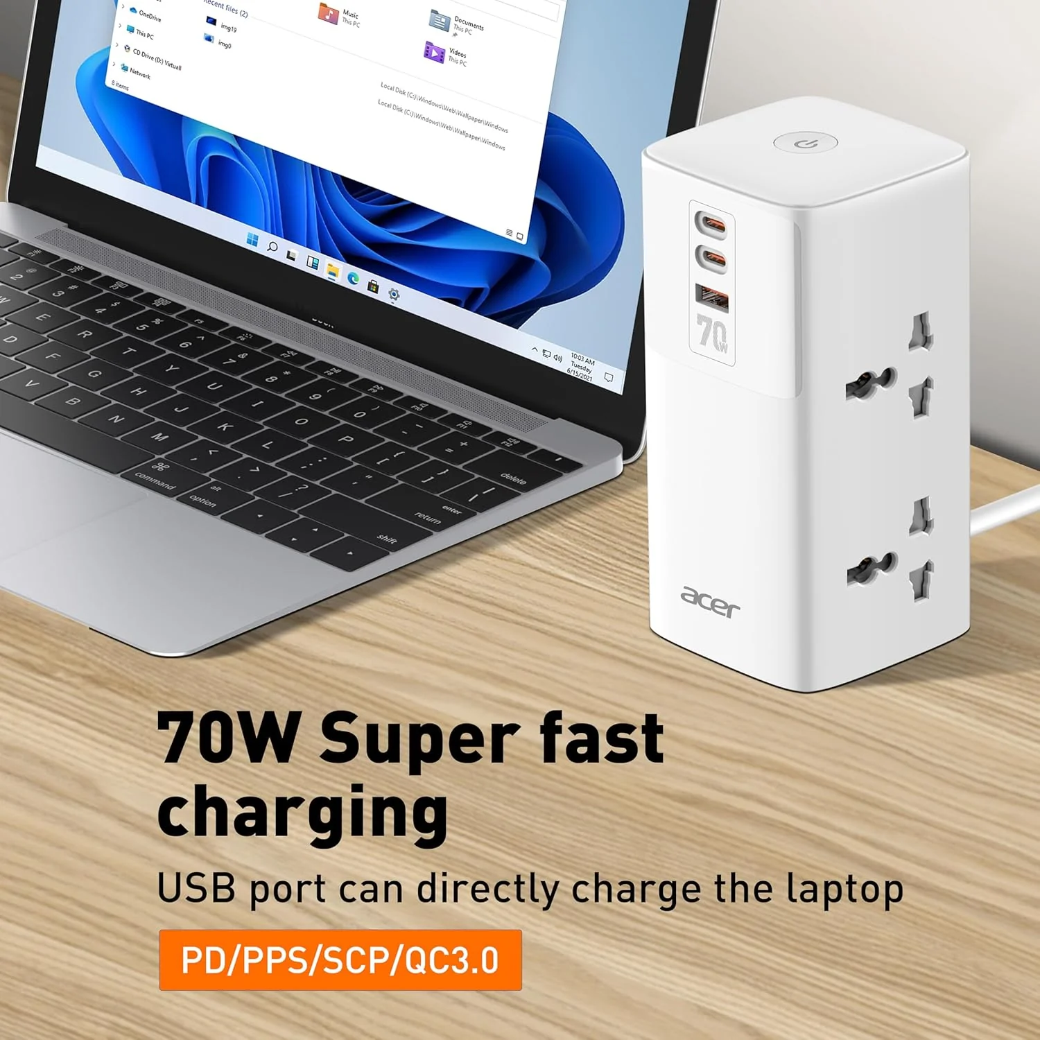 Acer PowerHub Tower | AC Socket + 4 USB Ports (2 Type-C PD + 2 Type-A) | 70W Fast Charging, 2500W Output | Desktop Power Adapter | Surge Protection | Travel Ready | Overload Protection - Image 4