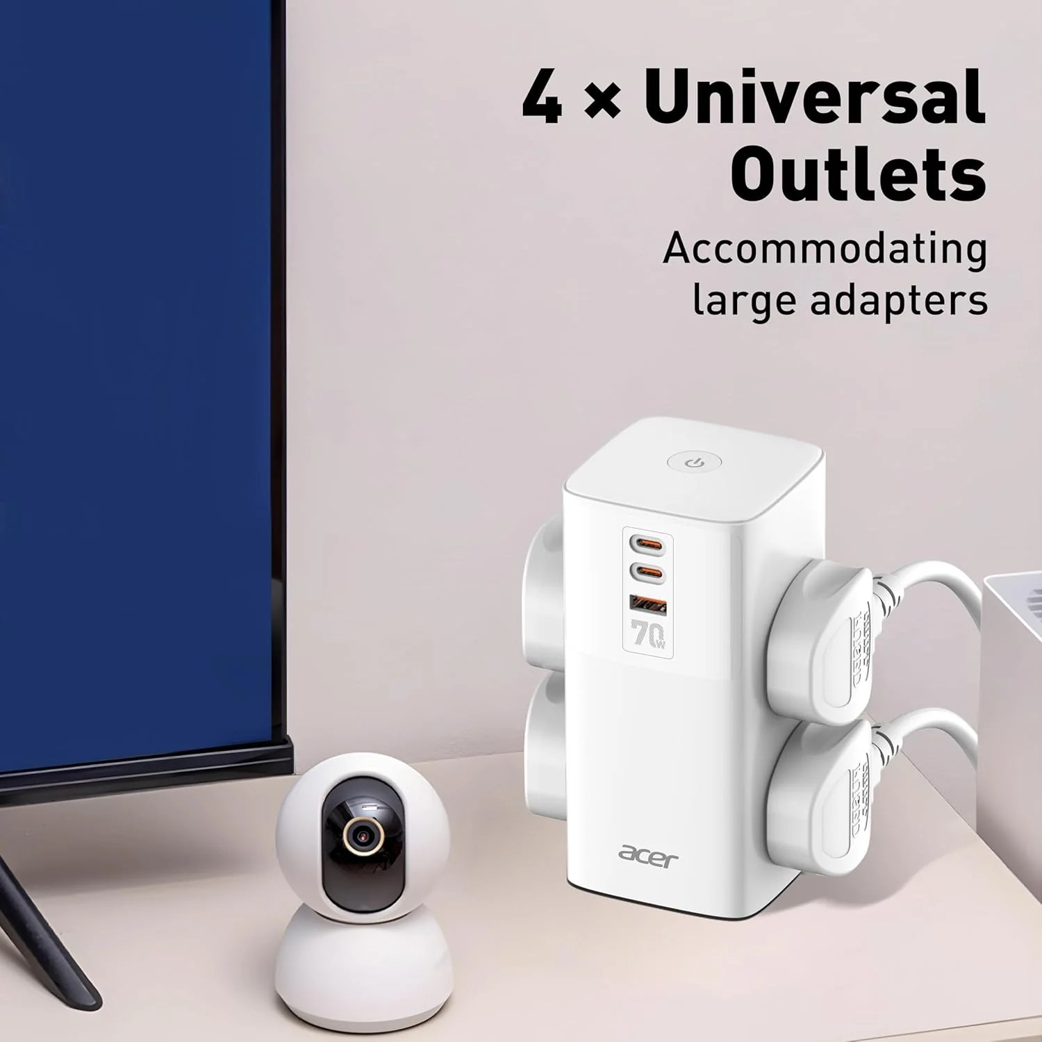 Acer PowerHub Tower | AC Socket + 4 USB Ports (2 Type-C PD + 2 Type-A) | 70W Fast Charging, 2500W Output | Desktop Power Adapter | Surge Protection | Travel Ready | Overload Protection - Image 5