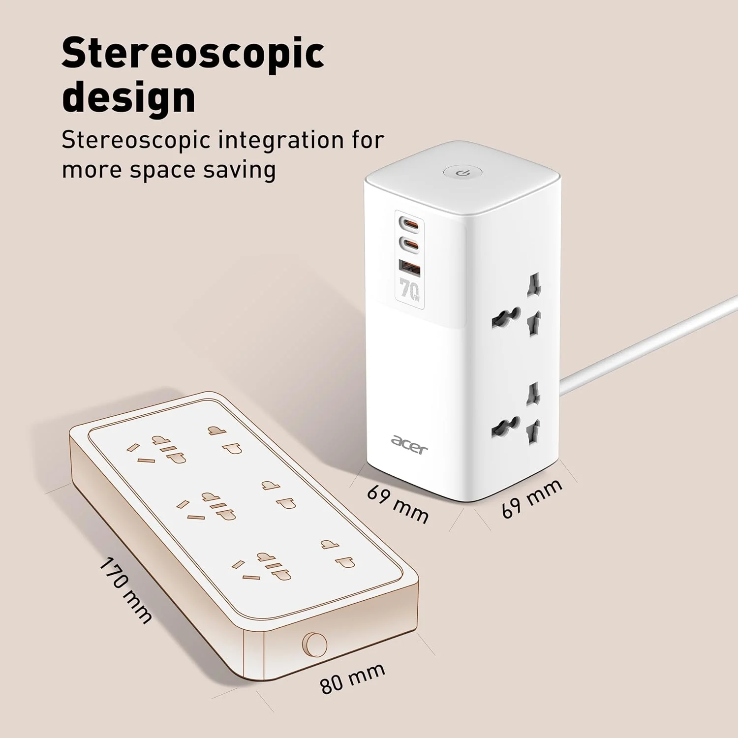 Acer PowerHub Tower | AC Socket + 4 USB Ports (2 Type-C PD + 2 Type-A) | 70W Fast Charging, 2500W Output | Desktop Power Adapter | Surge Protection | Travel Ready | Overload Protection - Image 6