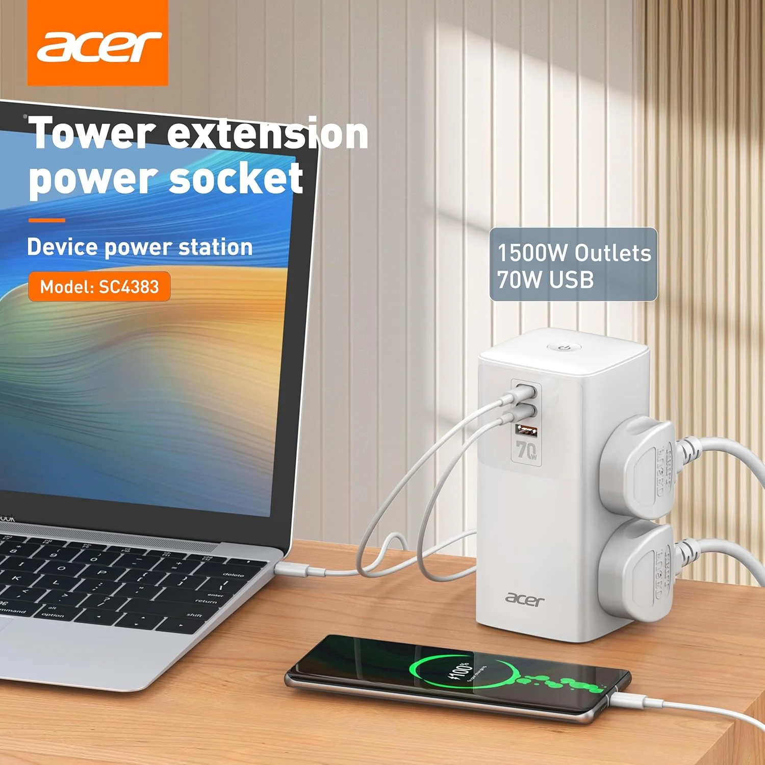 Acer PowerHub Tower | AC Socket + 4 USB Ports (2 Type-C PD + 2 Type-A) | 70W Fast Charging, 2500W Output | Desktop Power Adapter | Surge Protection | Travel Ready | Overload Protection - Image 7