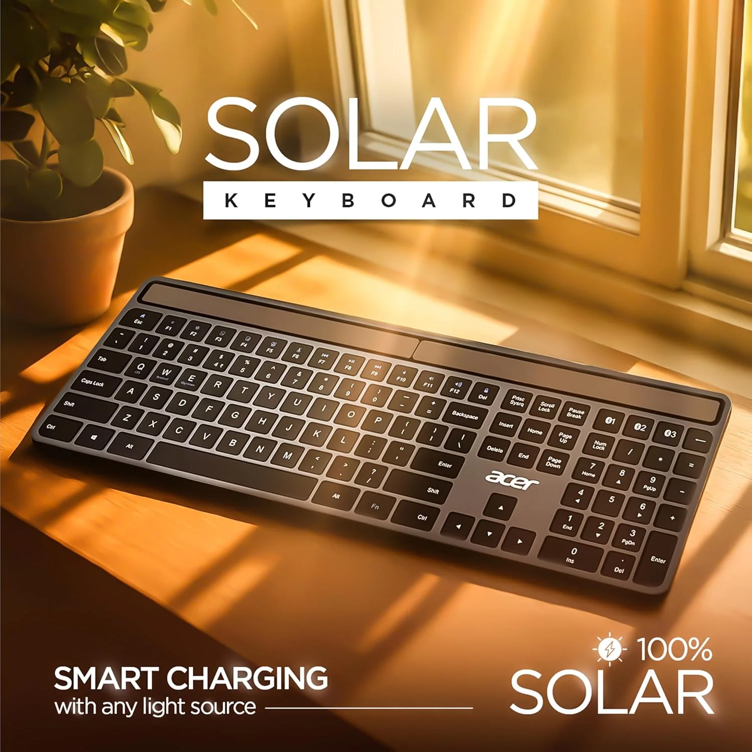 Acer Solaris Solar Powered Bluetooth Keyboard, 109-Key Wireless Keyboard with Super-Capacitor, Multi-Device BT 5.0, Type-C Emergency Charging, 10m Range, for Windows, Mac, Android, Space Grey - Image 2