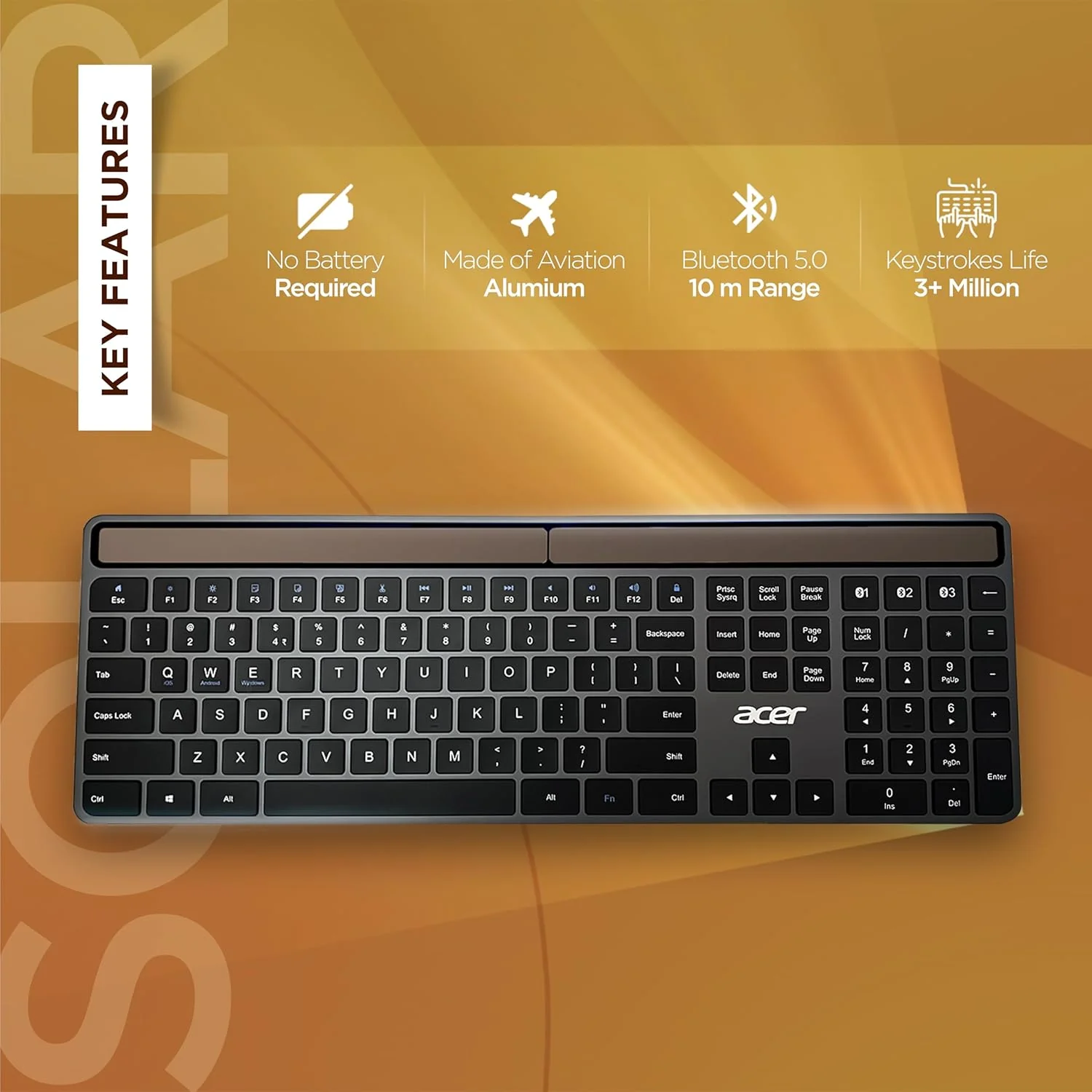 Acer Solaris Solar Powered Bluetooth Keyboard, 109-Key Wireless Keyboard with Super-Capacitor, Multi-Device BT 5.0, Type-C Emergency Charging, 10m Range, for Windows, Mac, Android, Space Grey - Image 3