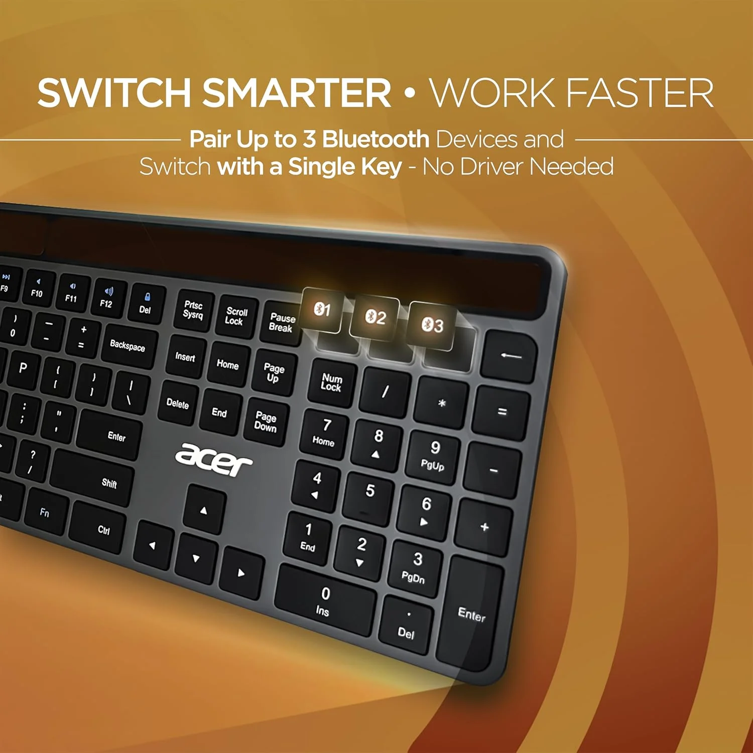 Acer Solaris Solar Powered Bluetooth Keyboard, 109-Key Wireless Keyboard with Super-Capacitor, Multi-Device BT 5.0, Type-C Emergency Charging, 10m Range, for Windows, Mac, Android, Space Grey - Image 4