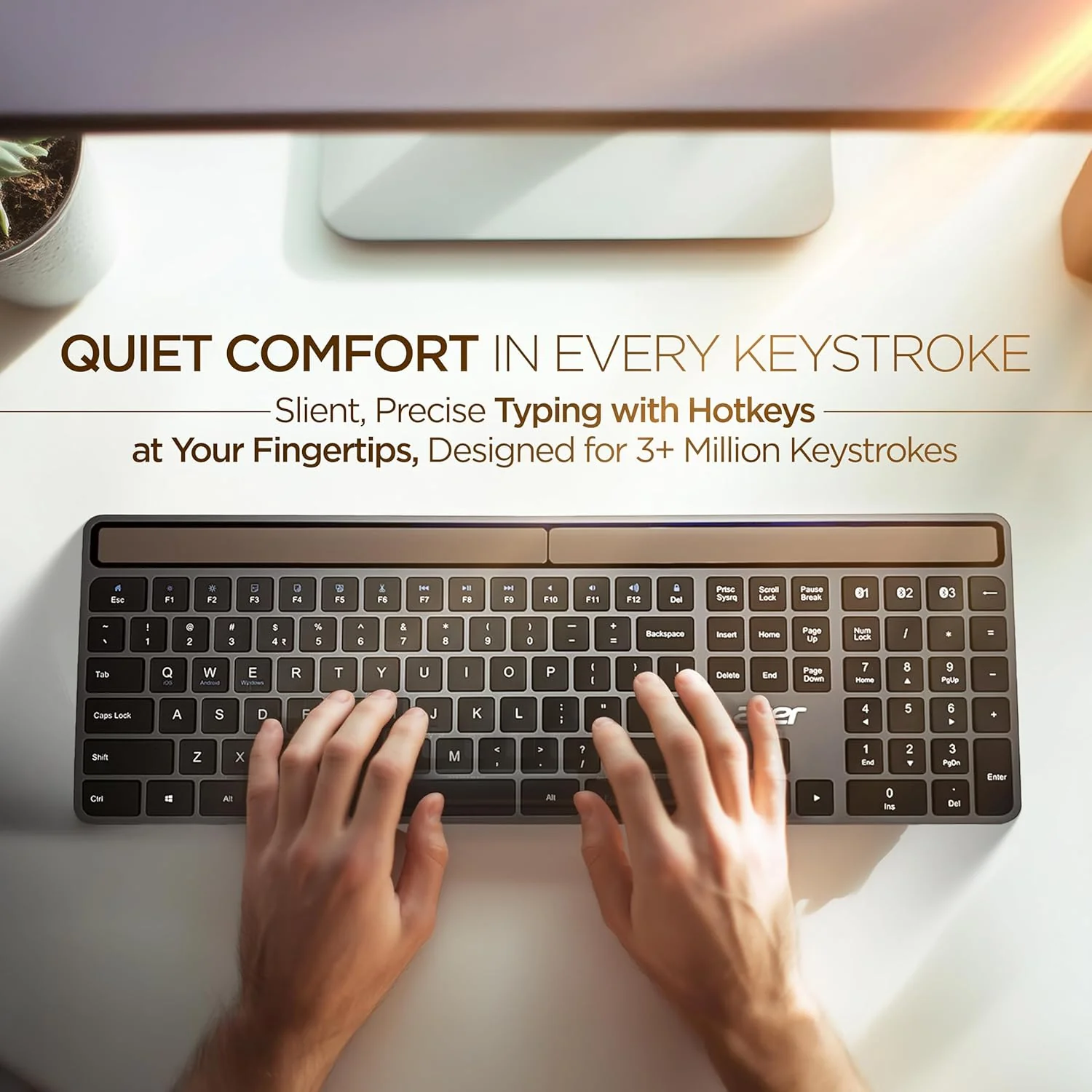 Acer Solaris Solar Powered Bluetooth Keyboard, 109-Key Wireless Keyboard with Super-Capacitor, Multi-Device BT 5.0, Type-C Emergency Charging, 10m Range, for Windows, Mac, Android, Space Grey - Image 5