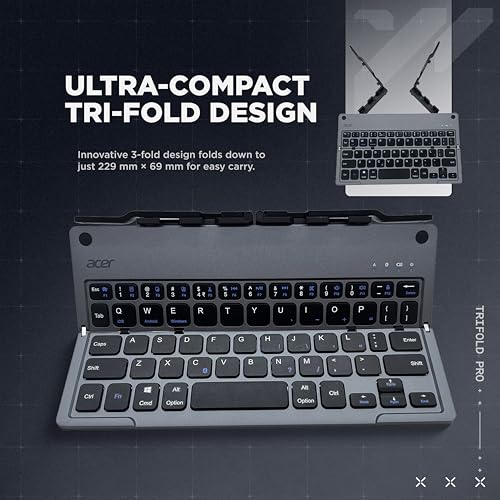 acer Trifold Pro | 60 Keys Foldable Bluetooth Keyboard | BT 5.0 | Rechargeable 140mAh Battery | USB-C Fast Charging | Compact Travel Design | 40H Working Time | Space Grey | Windows/Mac/Android - Image 4