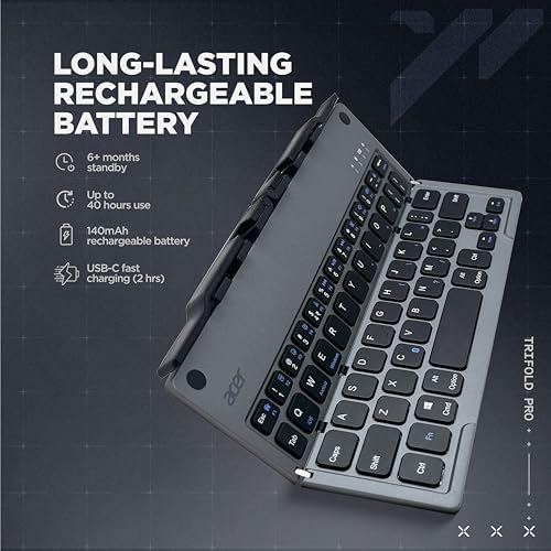 acer Trifold Pro | 60 Keys Foldable Bluetooth Keyboard | BT 5.0 | Rechargeable 140mAh Battery | USB-C Fast Charging | Compact Travel Design | 40H Working Time | Space Grey | Windows/Mac/Android - Image 6