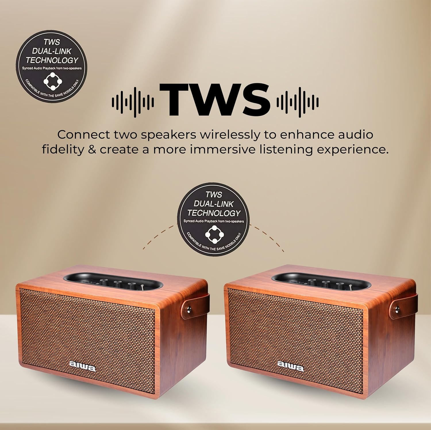 Aiwa Bluetooth Speaker with Powerful Bass, Built-in Microphone, Portable Speaker with 10+ Hours Play Time, Type-C Charging, 80W Speaker, TWS Dual-Link Technology | MI-X150 Retro Plus X (Brown) - Image 4