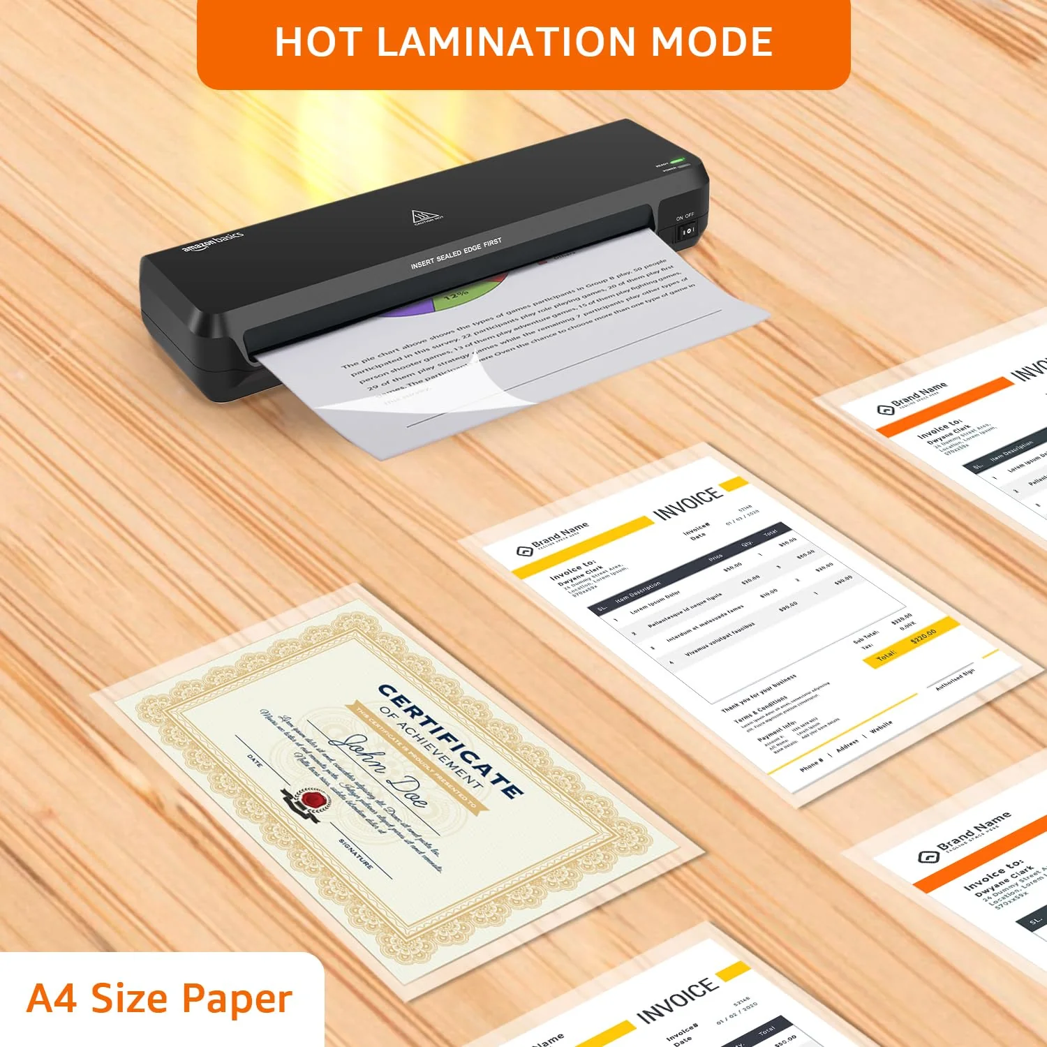Amazon Basics Hot A4 Thermal Laminating Machine/Laminator A401 | Quick 5-Min Warm-Up | Push Button Pause | Durable Thermostats (100 Cycles) | 26.72 cm/min Speed | for Photos, IDs, Documents (Black) Visit the amazon basics Store - Image 3