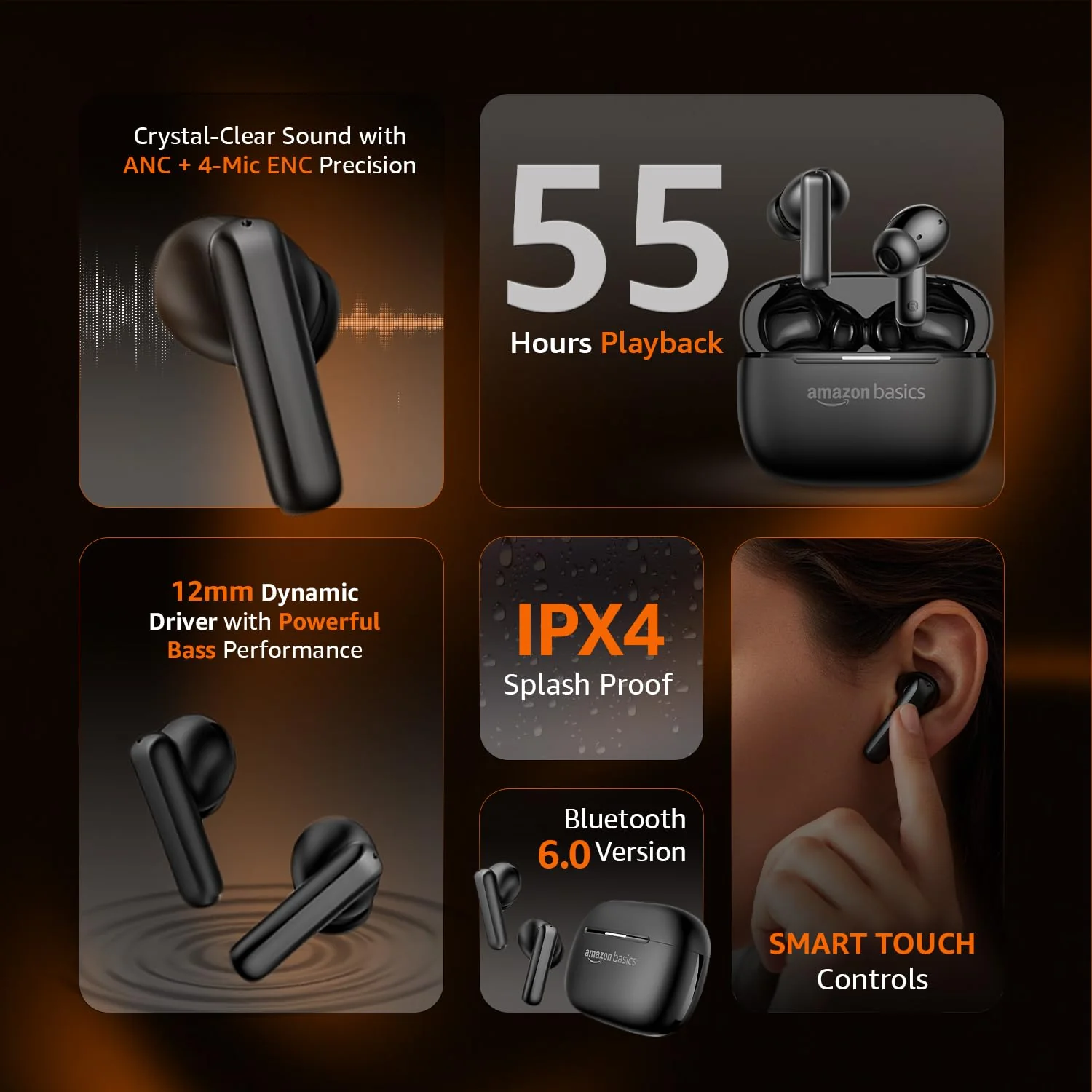 Amazon Basics Pro Series ANC Wireless in Ear Earbuds, Bluetooth 6.0 TWS Earphones with Mic, Active Noise Cancellation, 4 Mics ENC, 55H Playtime, Smart Touch Control, IPX4 Water Resistant (Black) - Image 2