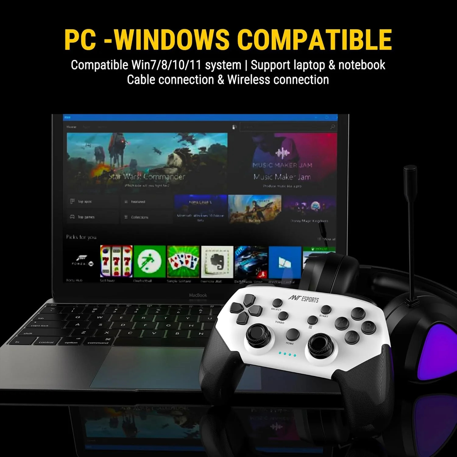 Ant Esports GP320 Wireless Gamepad/Android/Windows PC/IOS/Switch / PS4 / PS3, Bluetooth Game Pad/Vibration Motors/Turbo Function – Black White - Image 2