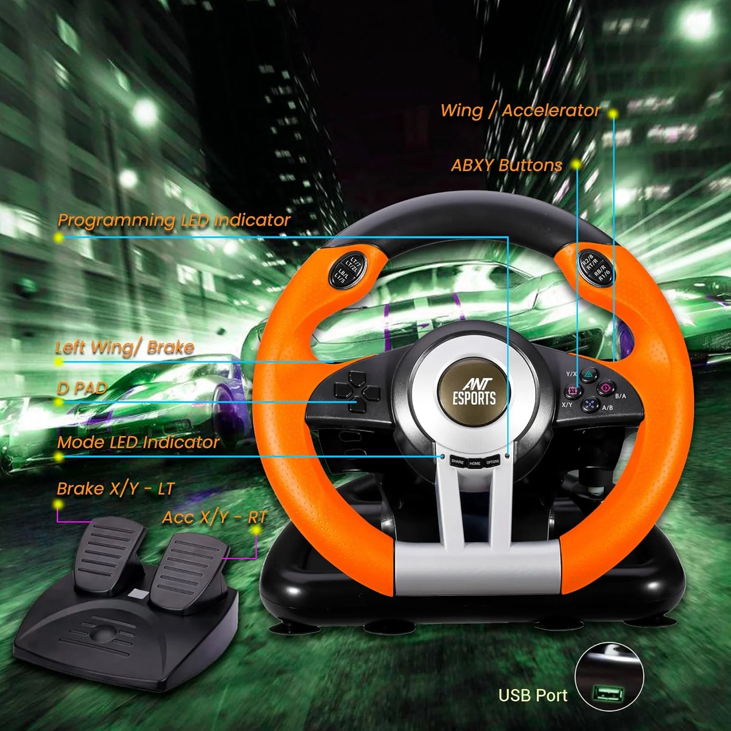 Ant Esports GW V3 PC Steering Wheel 270° Degree Vibration Gaming Steering Wheel with Shifter and Pedal for PC, Xbox Series X|S, Xbox One - Image 6
