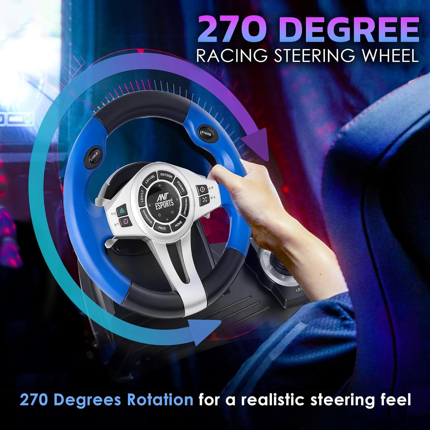 Ant Esports GW185 Racing Wheel 270 Degree Universal USB Powered Car Sim Game Steering Wheel with Gear Shifter and Pedals for PC,Xbox One, PS3, PS4, Switch, Android TV_ Black Blue - Image 3