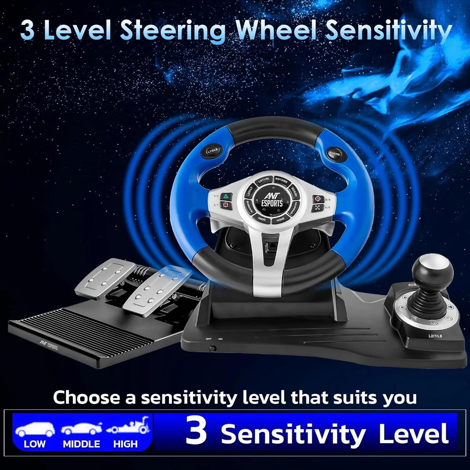 Ant Esports GW185 Racing Wheel 270 Degree Universal USB Powered Car Sim Game Steering Wheel with Gear Shifter and Pedals for PC,Xbox One, PS3, PS4, Switch, Android TV_ Black Blue - Image 5