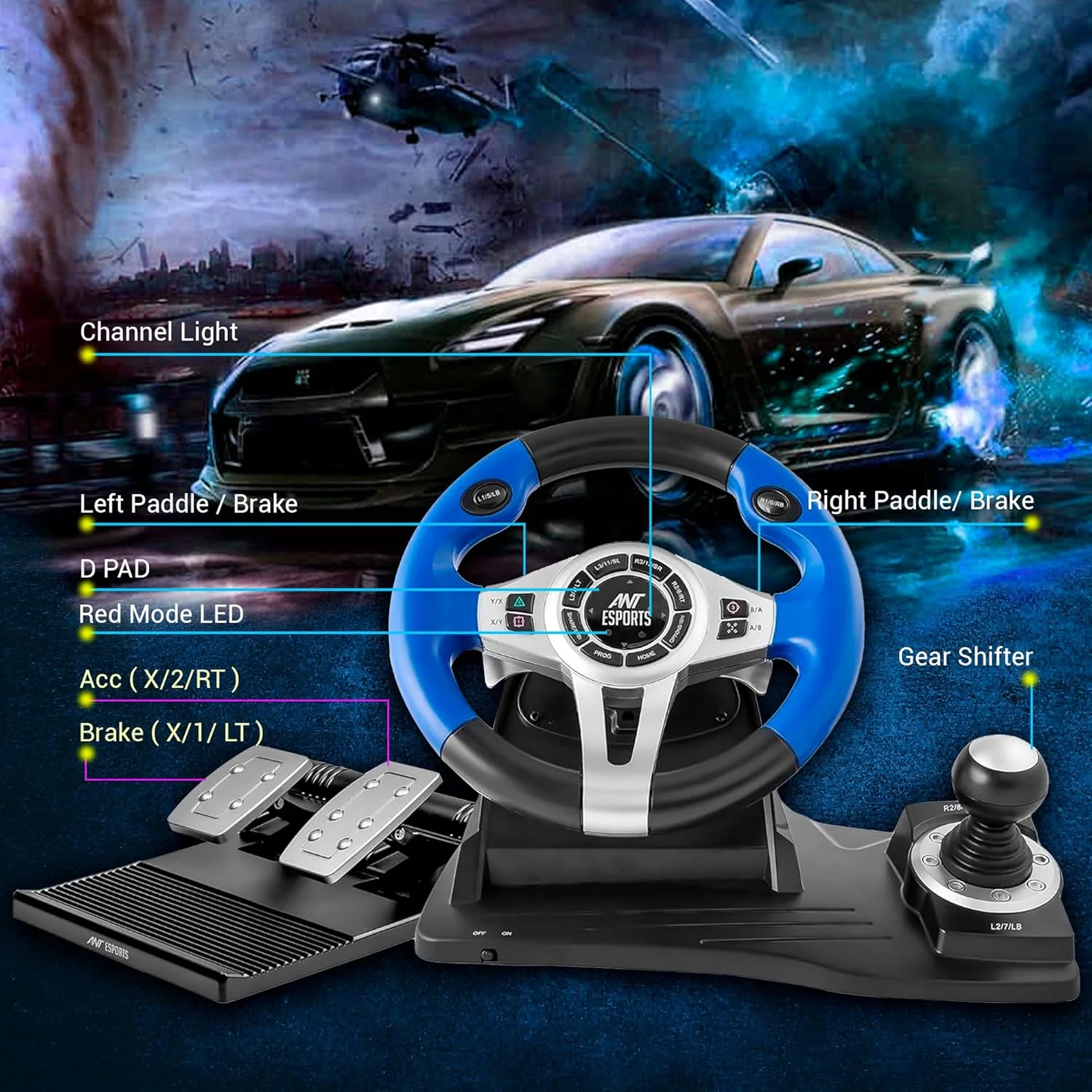 Ant Esports GW185 Racing Wheel 270 Degree Universal USB Powered Car Sim Game Steering Wheel with Gear Shifter and Pedals for PC,Xbox One, PS3, PS4, Switch, Android TV_ Black Blue - Image 6