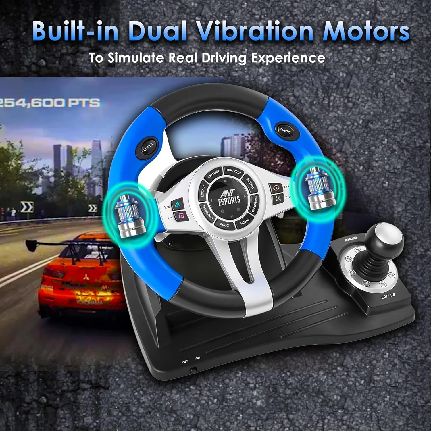 Ant Esports GW185 Racing Wheel 270 Degree Universal USB Powered Car Sim Game Steering Wheel with Gear Shifter and Pedals for PC,Xbox One, PS3, PS4, Switch, Android TV_ Black Blue - Image 7