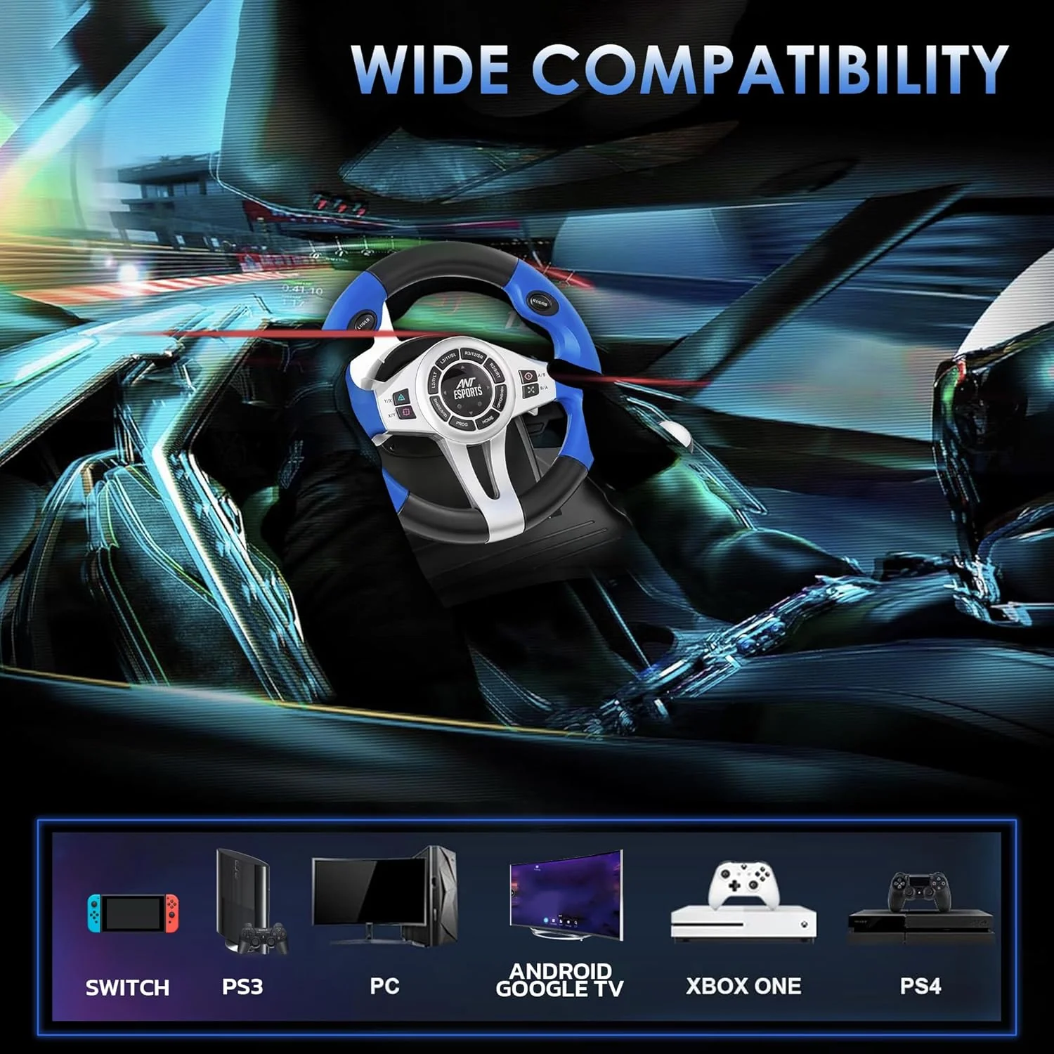 Ant Esports GW185 Racing Wheel 270 Degree Universal USB Powered Car Sim Game Steering Wheel with Gear Shifter and Pedals for PC,Xbox One, PS3, PS4, Switch, Android TV_ Black Blue - Image 8
