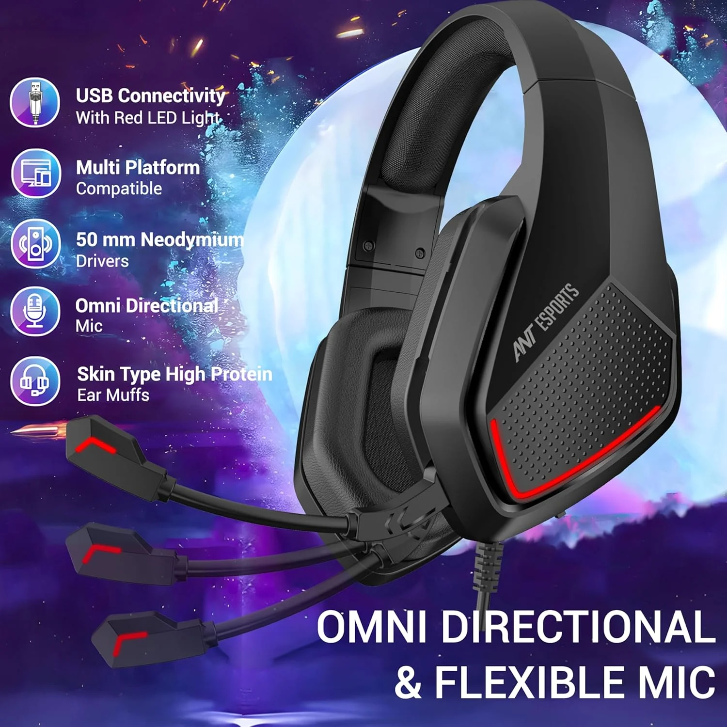 Ant Esports H590 7.1 Surround Sound Gaming Headset, USB Wired Over-Ear Headphones with 50mm Drivers, Noise Cancelling Mic, Red LED, Soft Earmuffs, for PC, PS5, Xbox, Laptop - Image 2