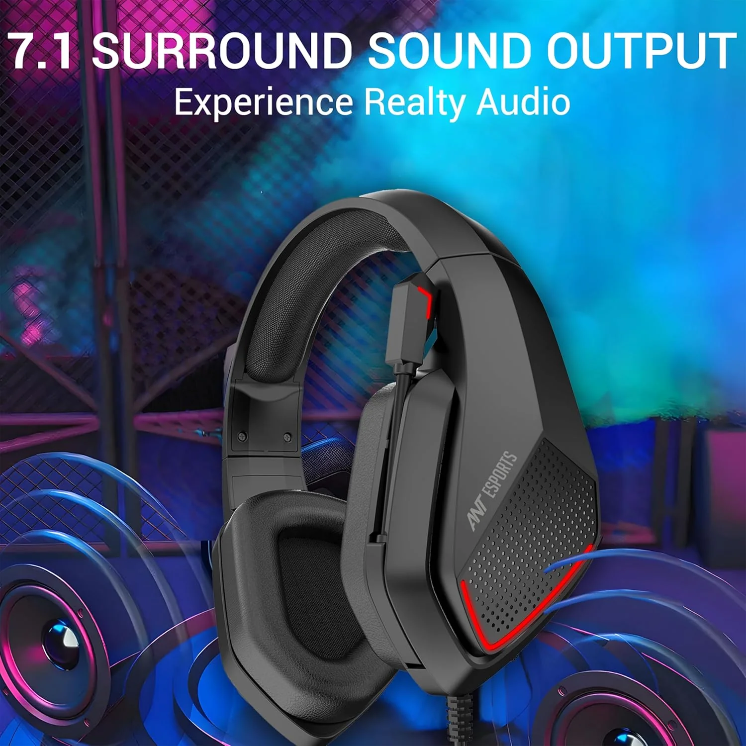 Ant Esports H590 7.1 Surround Sound Gaming Headset, USB Wired Over-Ear Headphones with 50mm Drivers, Noise Cancelling Mic, Red LED, Soft Earmuffs, for PC, PS5, Xbox, Laptop - Image 3