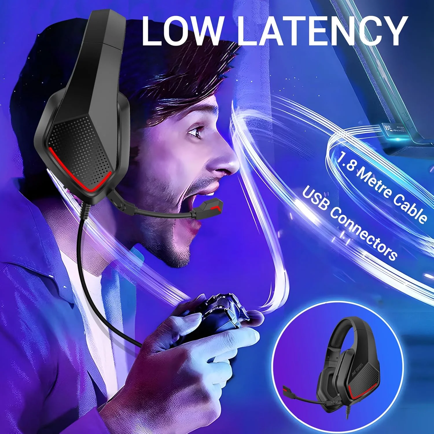 Ant Esports H590 7.1 Surround Sound Gaming Headset, USB Wired Over-Ear Headphones with 50mm Drivers, Noise Cancelling Mic, Red LED, Soft Earmuffs, for PC, PS5, Xbox, Laptop - Image 4