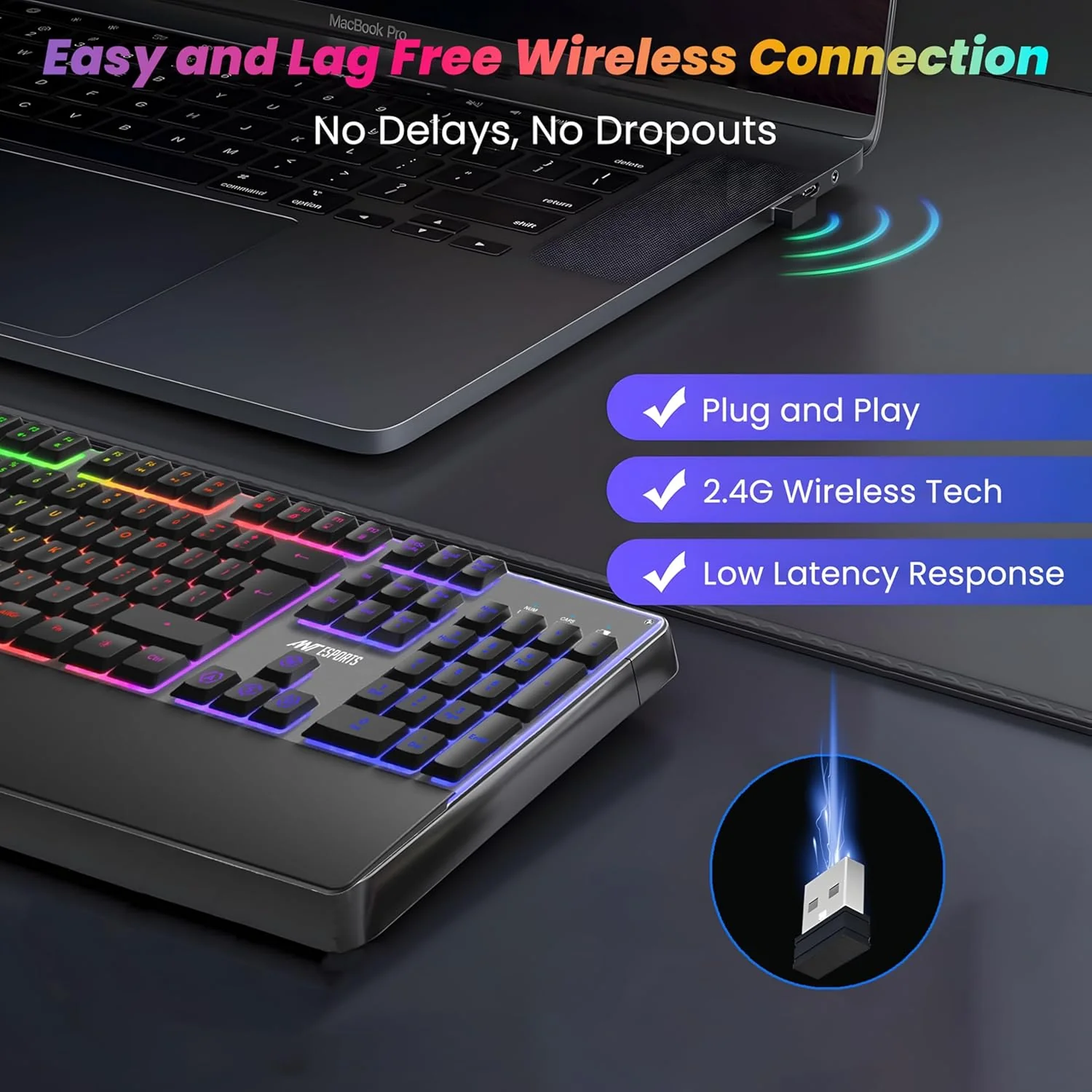 Ant Esports KM500 Pro Wireless Gaming Keyboard and Mouse Combo, LED Backlit Rechargeable 2000mAh Battery, Mechanical Feel Anti-ghosting Keyboard + 6D 3200DPI Mice for PC Gamer (Black) - Image 2