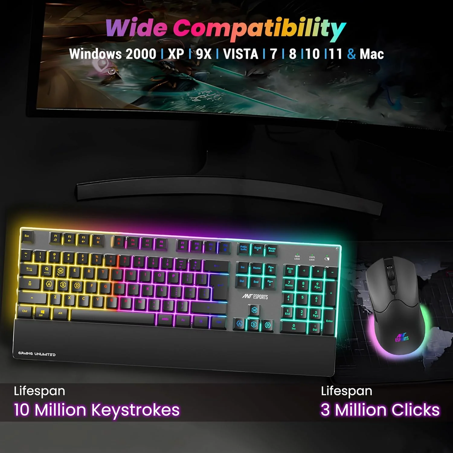 Ant Esports KM500 Pro Wireless Gaming Keyboard and Mouse Combo, LED Backlit Rechargeable 2000mAh Battery, Mechanical Feel Anti-ghosting Keyboard + 6D 3200DPI Mice for PC Gamer (Black) - Image 6