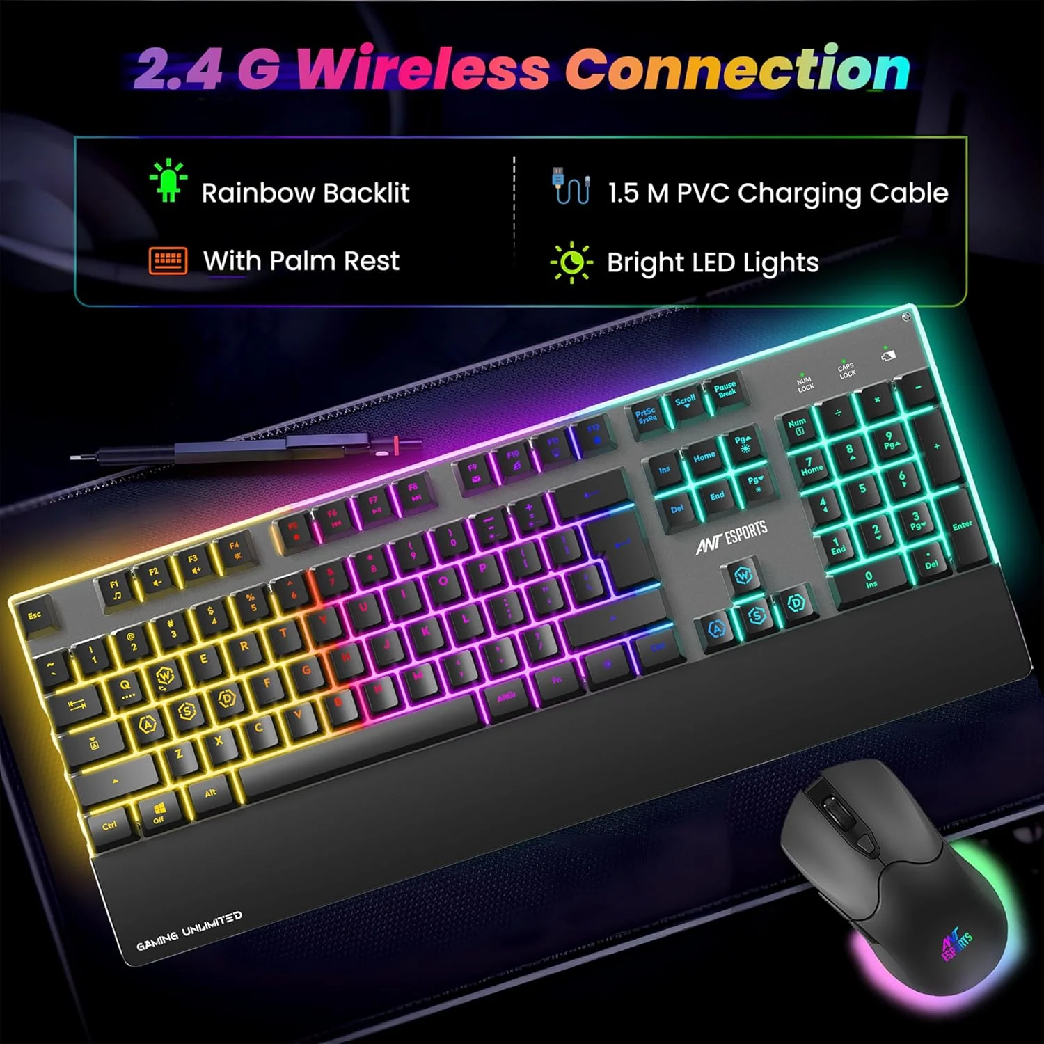 Ant Esports KM500 Pro Wireless Gaming Keyboard and Mouse Combo, LED Backlit Rechargeable 2000mAh Battery, Mechanical Feel Anti-ghosting Keyboard + 6D 3200DPI Mice for PC Gamer (Black) - Image 7