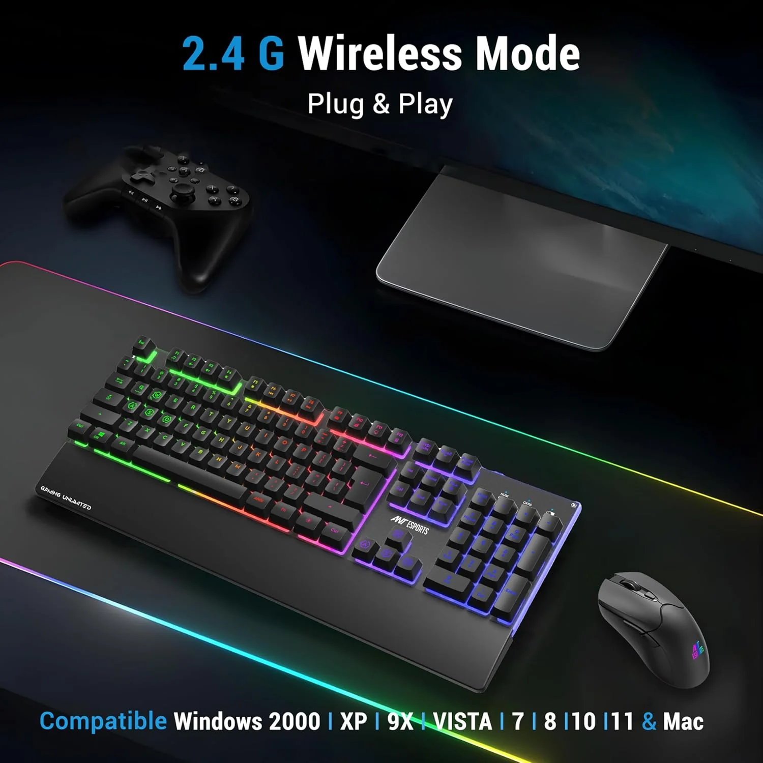 Ant Esports KM500W Pro Wireless Gaming Keyboard Mouse Combo, Rechargeable 104 Key LED Light Up Keyboard Ergonomic Wireless Gaming Mouse, Backlit Mouse Keyboard for Xbox PS5 PS4 PC Laptop - Image 3