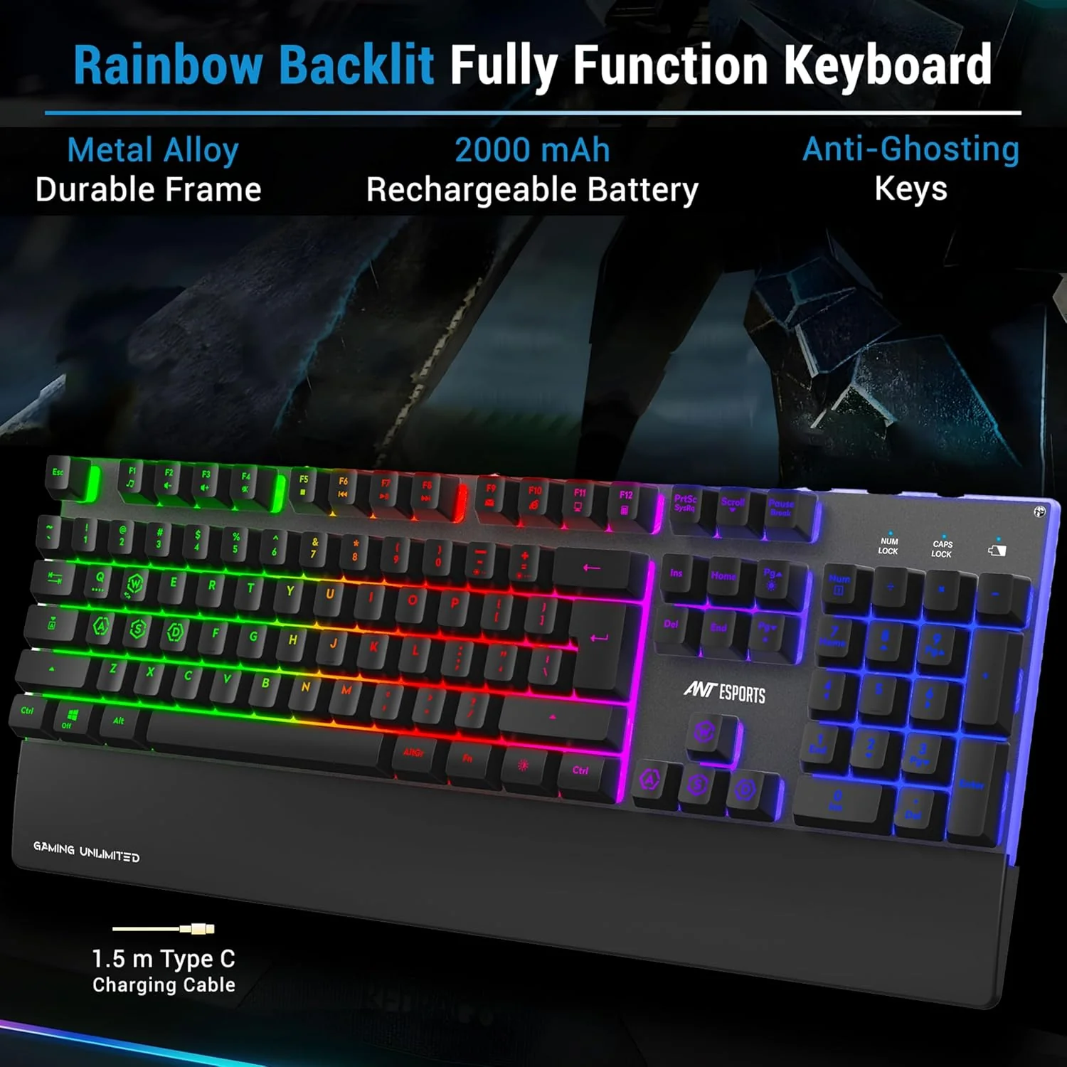 Ant Esports KM500W Pro Wireless Gaming Keyboard Mouse Combo, Rechargeable 104 Key LED Light Up Keyboard Ergonomic Wireless Gaming Mouse, Backlit Mouse Keyboard for Xbox PS5 PS4 PC Laptop - Image 4