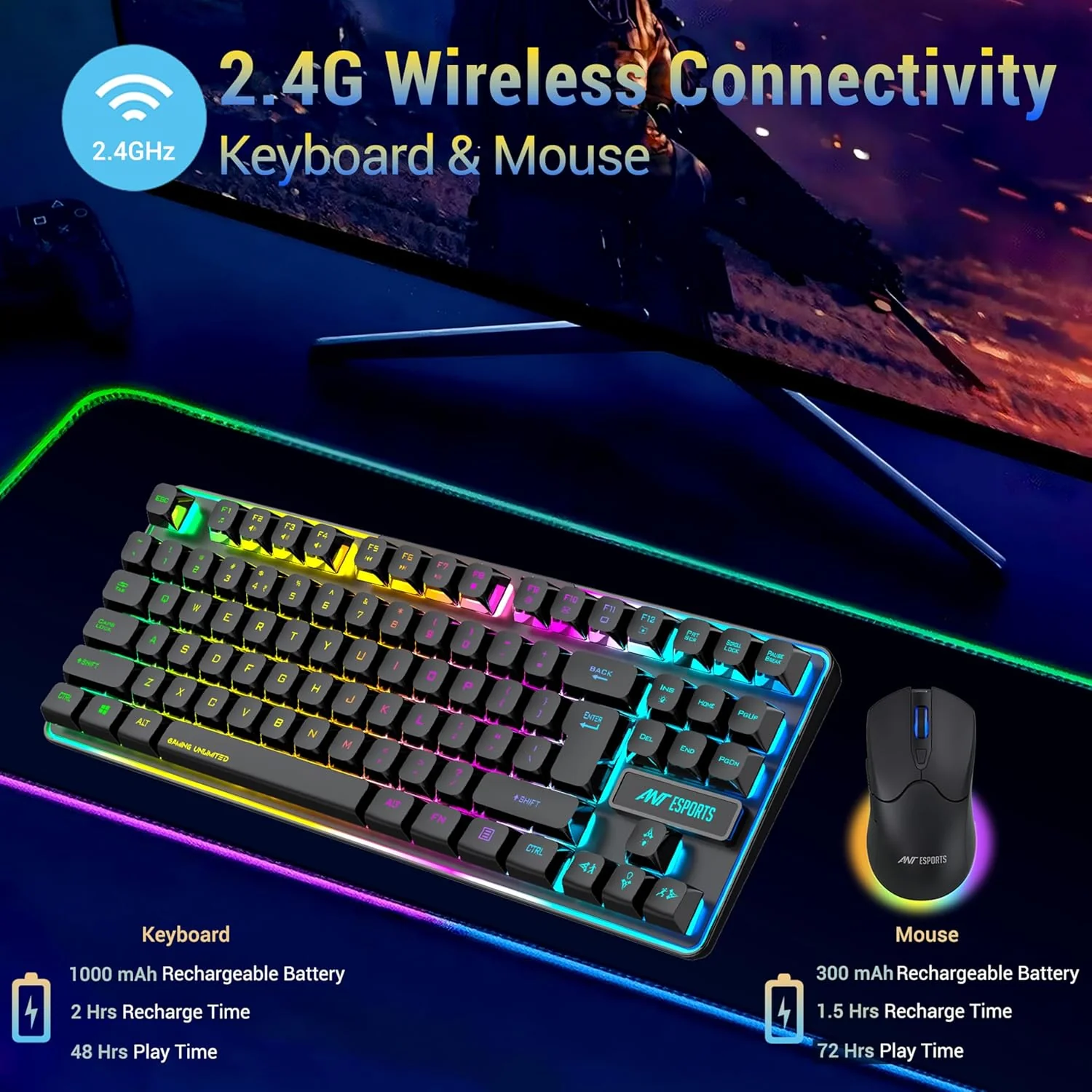 Ant Esports KM730 Pro Gaming Wireless TKL Keyboard Mouse Combo Rechargeable RGB Backlit Tenkeyless Compact 87 Keys 6 Button for Computer Laptop PS4 PS5 - XP/7/8/10 iMac MacBook Xbox one X – Black - Image 2