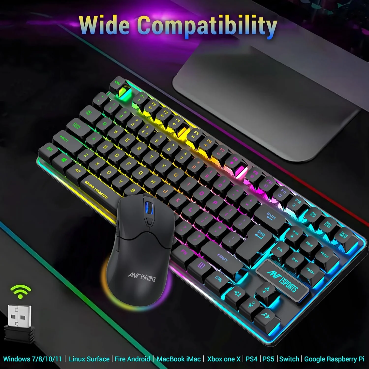 Ant Esports KM730 Pro Gaming Wireless TKL Keyboard Mouse Combo Rechargeable RGB Backlit Tenkeyless Compact 87 Keys 6 Button for Computer Laptop PS4 PS5 - XP/7/8/10 iMac MacBook Xbox one X – Black - Image 6