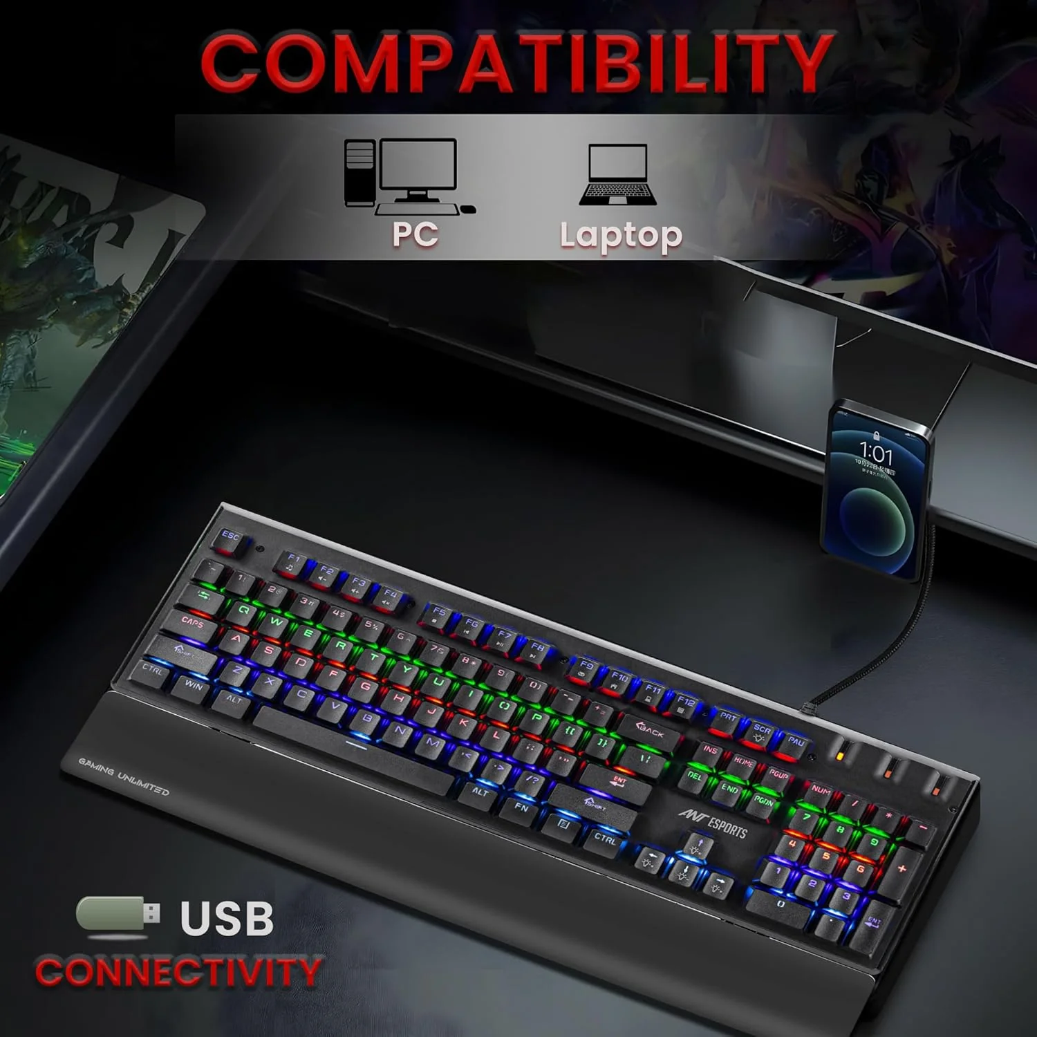 Ant Esports MK3500 Mechanical Gaming Keyboard, Red Linear Switches, RGB Rainbow Backlit, 26 Anti Ghosting keys, Removable Wrist Rest,Square Keycaps, Full Size Wired Keyboard for Windows/Mac/PC – Black - Image 2