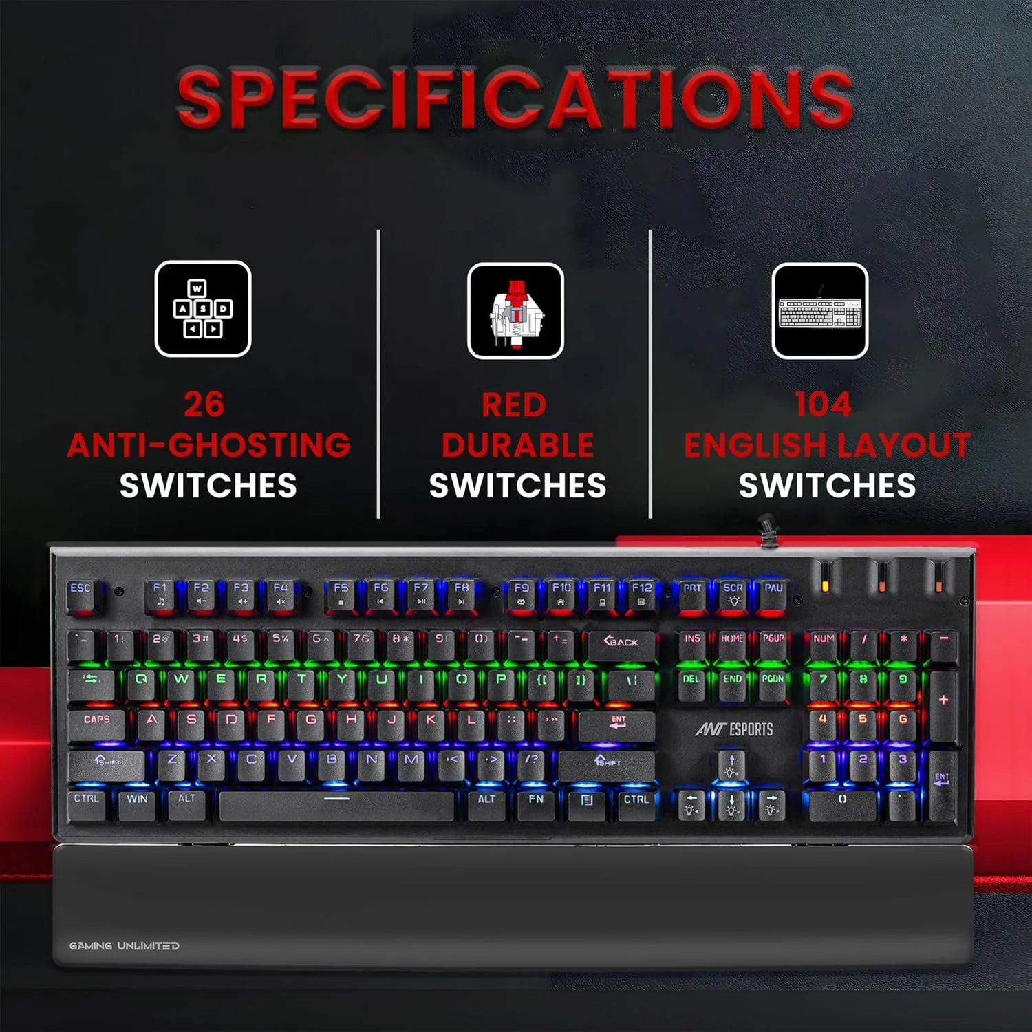 Ant Esports MK3500 Mechanical Gaming Keyboard, Red Linear Switches, RGB Rainbow Backlit, 26 Anti Ghosting keys, Removable Wrist Rest,Square Keycaps, Full Size Wired Keyboard for Windows/Mac/PC – Black - Image 3
