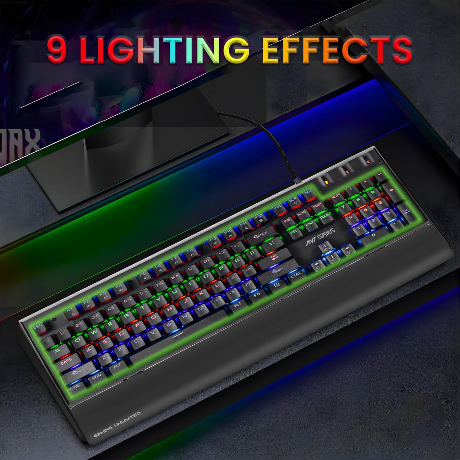 Ant Esports MK3500 Mechanical Gaming Keyboard, Red Linear Switches, RGB Rainbow Backlit, 26 Anti Ghosting keys, Removable Wrist Rest,Square Keycaps, Full Size Wired Keyboard for Windows/Mac/PC – Black - Image 4