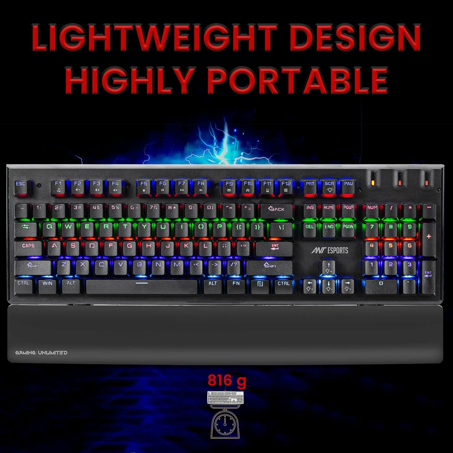 Ant Esports MK3500 Mechanical Gaming Keyboard, Red Linear Switches, RGB Rainbow Backlit, 26 Anti Ghosting keys, Removable Wrist Rest,Square Keycaps, Full Size Wired Keyboard for Windows/Mac/PC – Black - Image 6