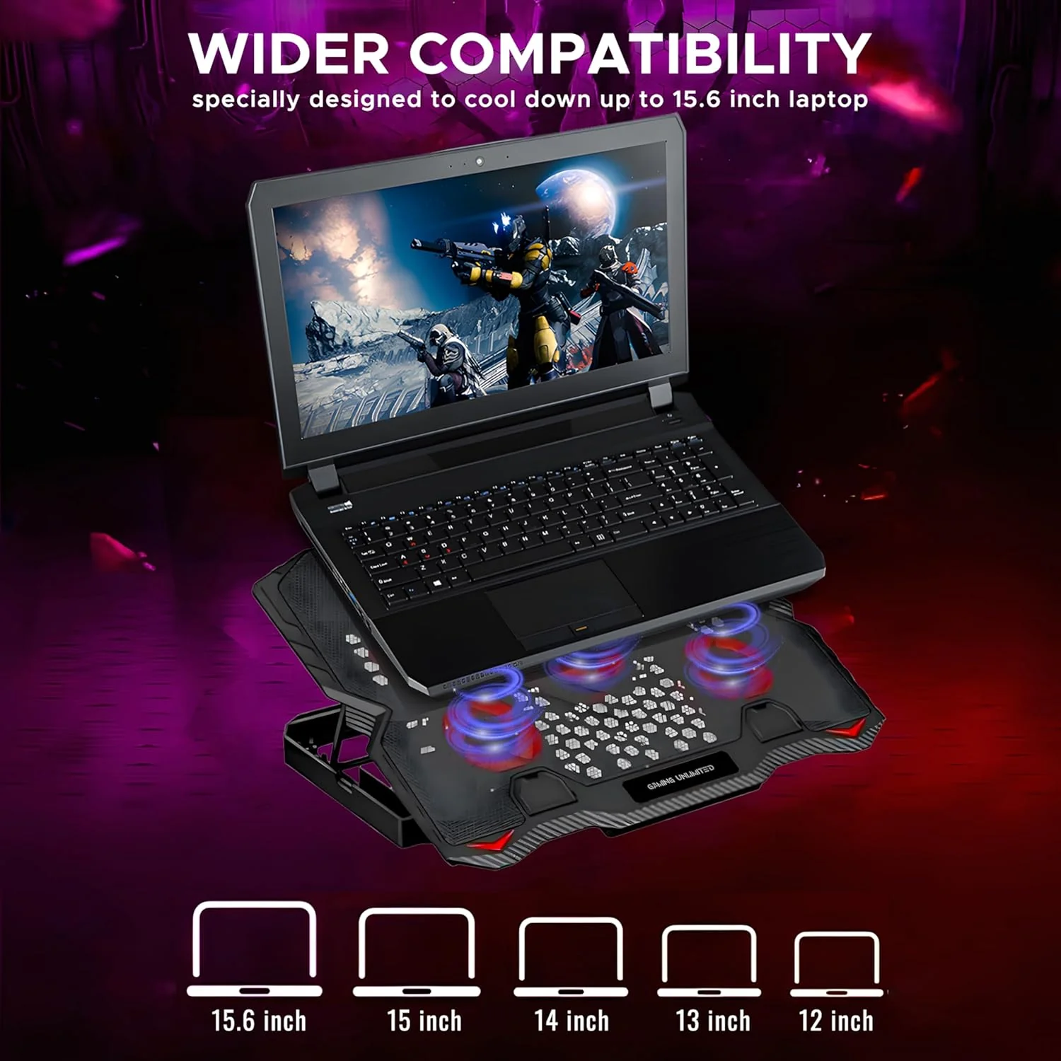Ant Esports NC190 Laptop Cooling Pad Laptop Cooler with Mobile Holder 1 * 1 125mm and 4 * 1 60mm Quite Red Fans LED Display Laptop Holder 5 Height Adjustable Angle 2USB Ports for Laptop up to 15.6” - Image 2