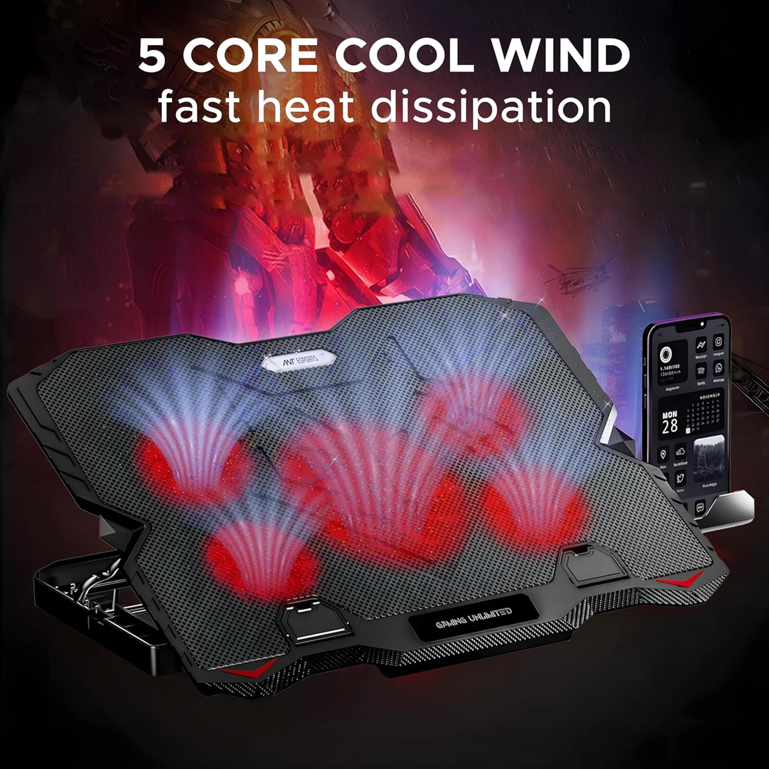 Ant Esports NC190 Laptop Cooling Pad Laptop Cooler with Mobile Holder 1 * 1 125mm and 4 * 1 60mm Quite Red Fans LED Display Laptop Holder 5 Height Adjustable Angle 2USB Ports for Laptop up to 15.6” - Image 5