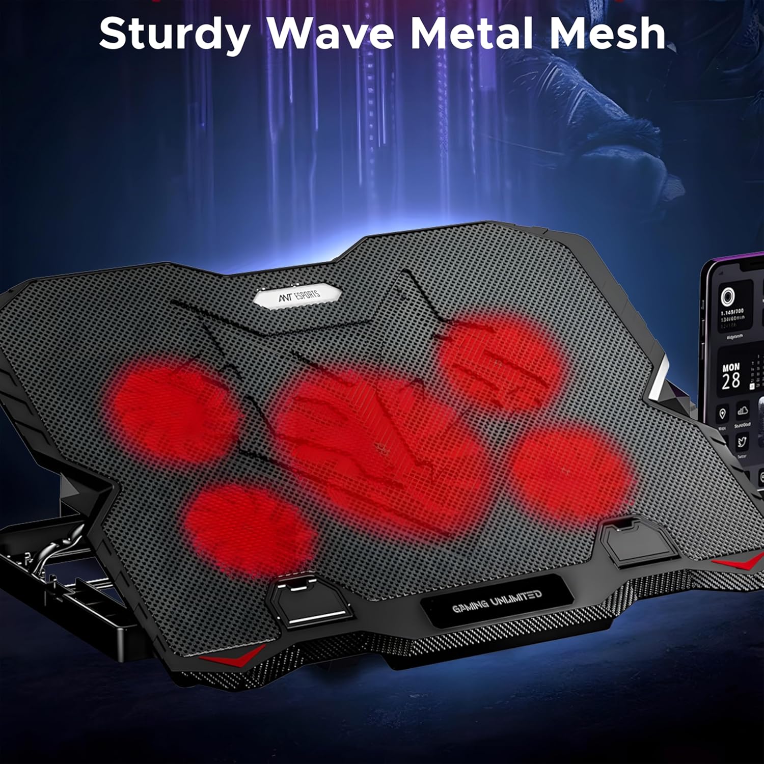 Ant Esports NC190 Laptop Cooling Pad Laptop Cooler with Mobile Holder 1 * 1 125mm and 4 * 1 60mm Quite Red Fans LED Display Laptop Holder 5 Height Adjustable Angle 2USB Ports for Laptop up to 15.6” - Image 7