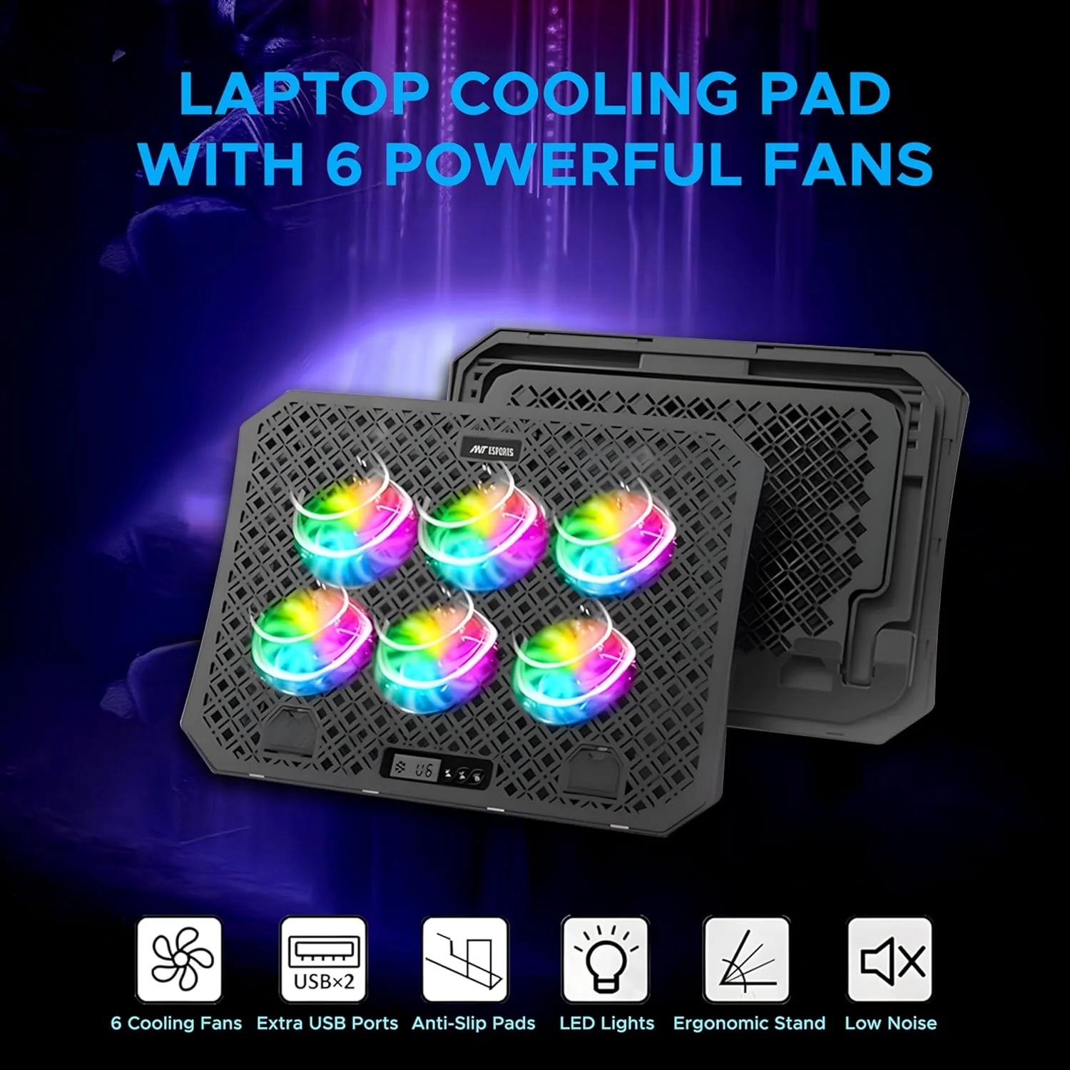 Ant Esports NC210 Gaming Laptop RGB Cooling Pad, 6 Quite Cooling Fans, Dual USB Ports, 5 Height Adjustable, Ergonomic Stand for 10″–15.6″ Laptops – High Airflow Speed Function Notebook Cooler - Image 3
