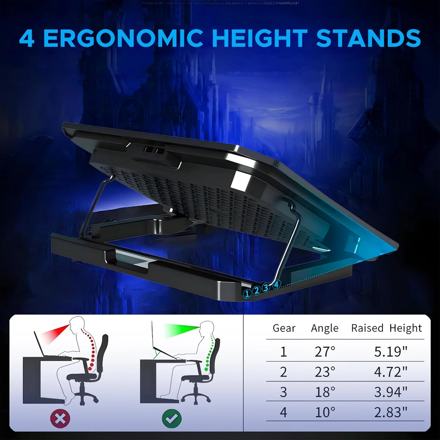 Ant Esports NC210 Gaming Laptop RGB Cooling Pad, 6 Quite Cooling Fans, Dual USB Ports, 5 Height Adjustable, Ergonomic Stand for 10″–15.6″ Laptops – High Airflow Speed Function Notebook Cooler - Image 5