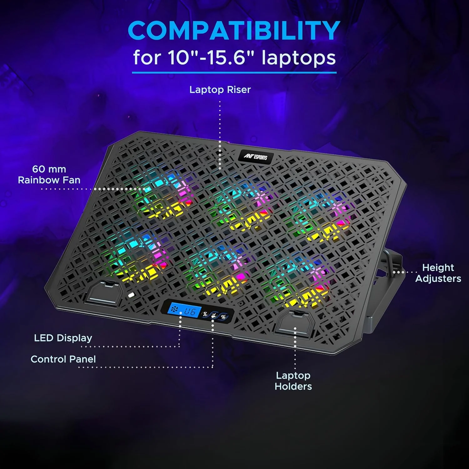Ant Esports NC210 Gaming Laptop RGB Cooling Pad, 6 Quite Cooling Fans, Dual USB Ports, 5 Height Adjustable, Ergonomic Stand for 10″–15.6″ Laptops – High Airflow Speed Function Notebook Cooler - Image 9
