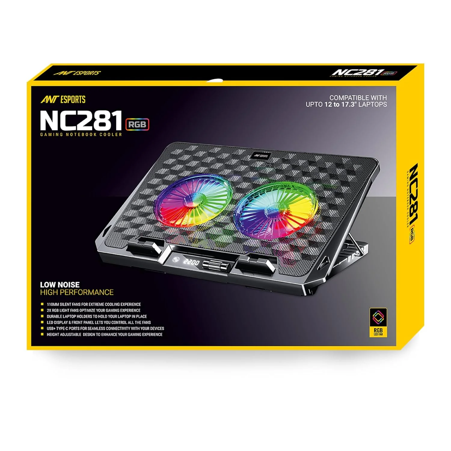 Ant Esports NC281 Gaming Laptop Cooling Pad with 2 Fans 110mm, RGB Laptop Cooler Stand with 5 Height Adjustable, Laptop Fan Cooling Pad for Upto 17.2 Inches, Variable Speed, LCD Screen – Carbon Black - Image 10